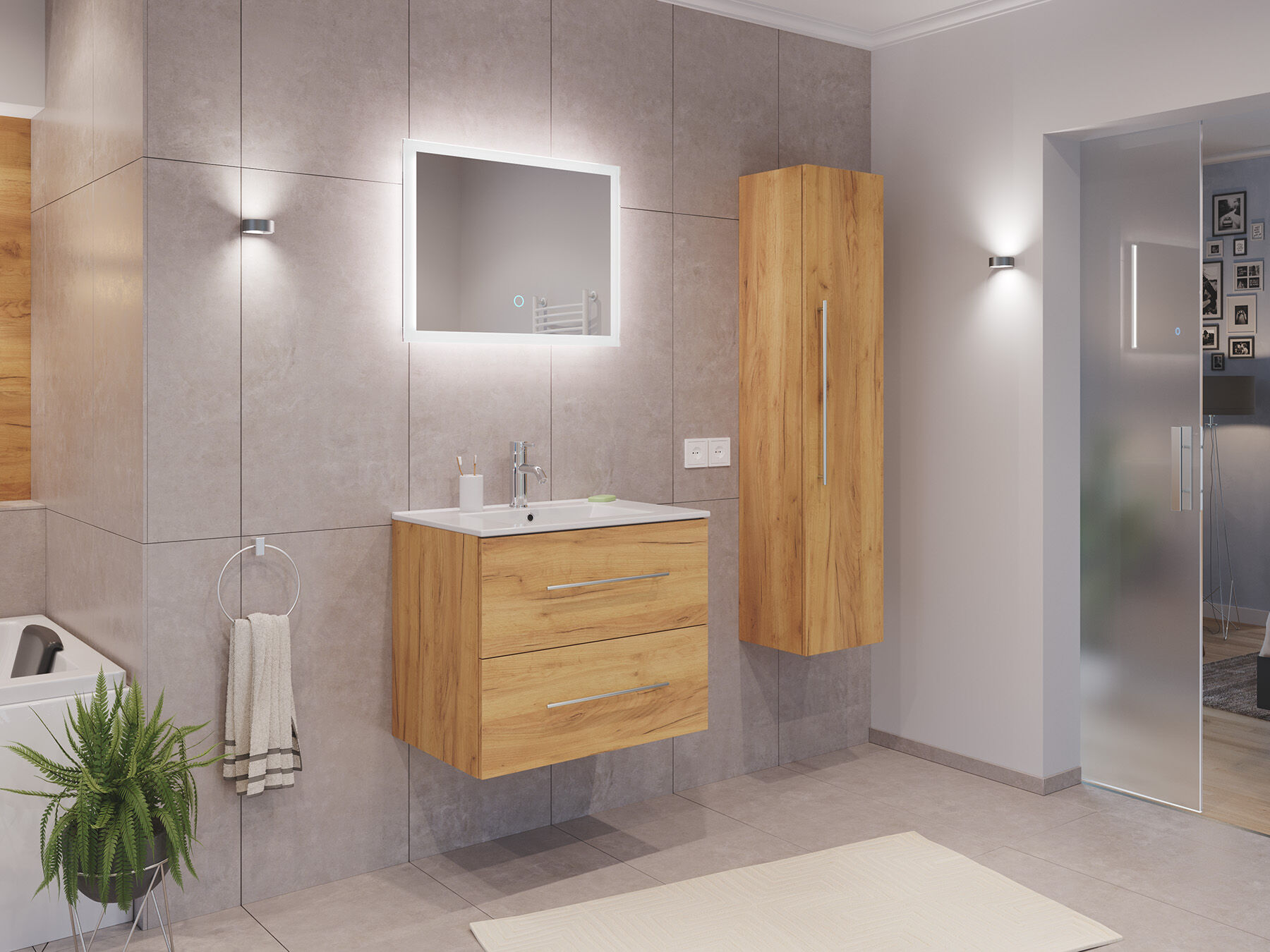 Badmöbel Set Firenze 70 3tlg. LED Spiegel und Hochschrank eiche gold