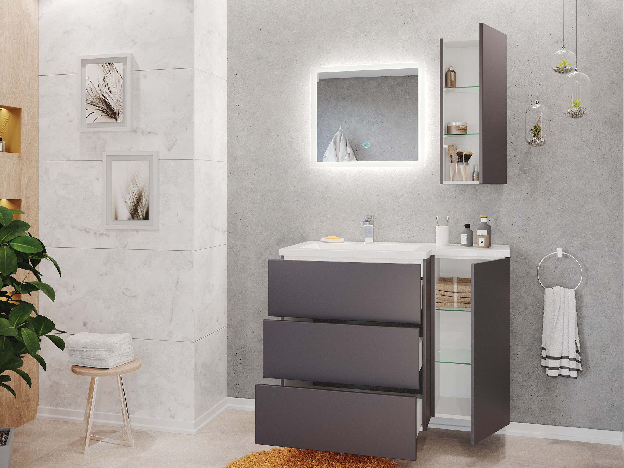 Badblock ELISA rechts 3er Set LED-Spiegel Hängeschrank anthrazit 