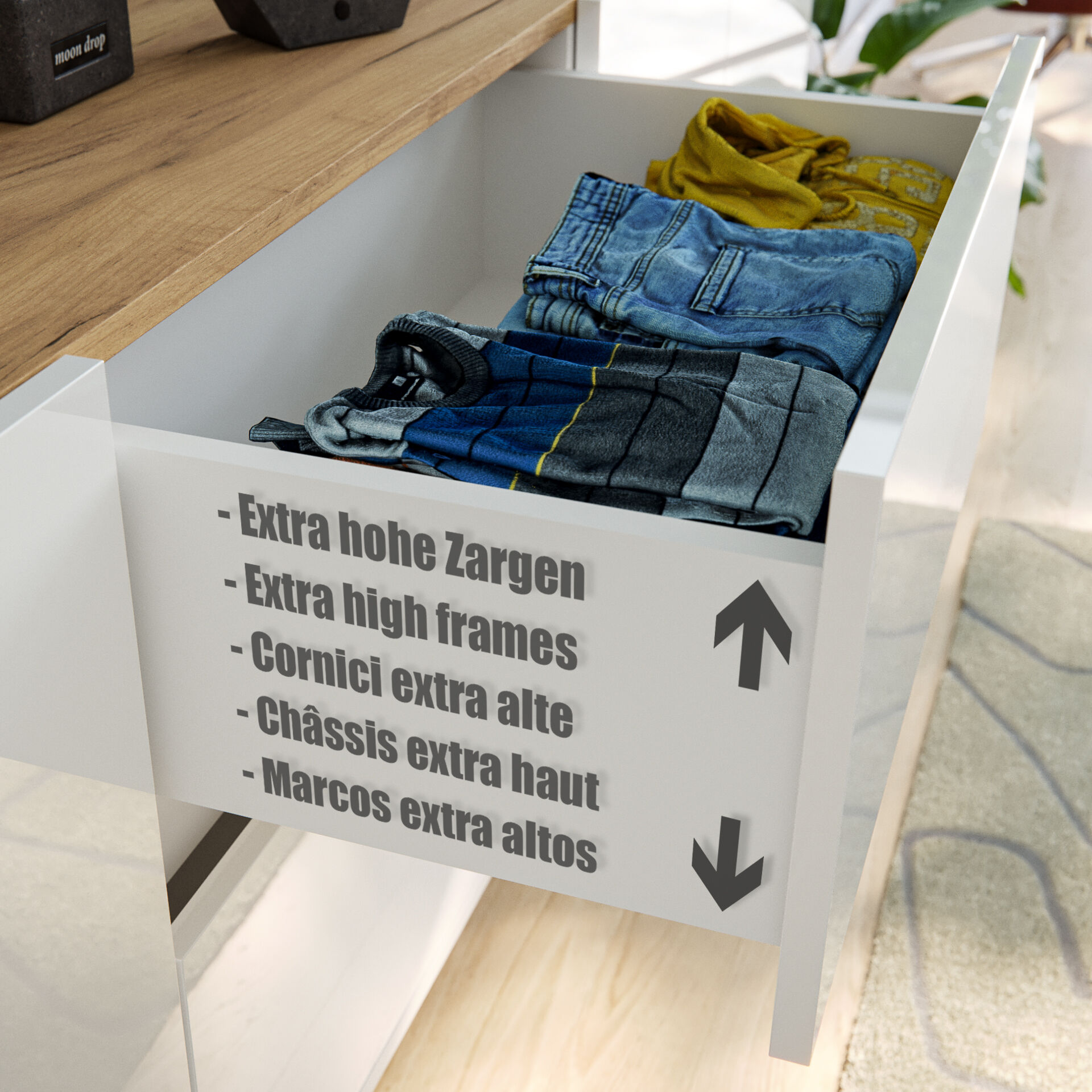Sideboard Kommode Volo 120cm Greifraum 6 SoftClose Schubladen Weiß/Eiche Top