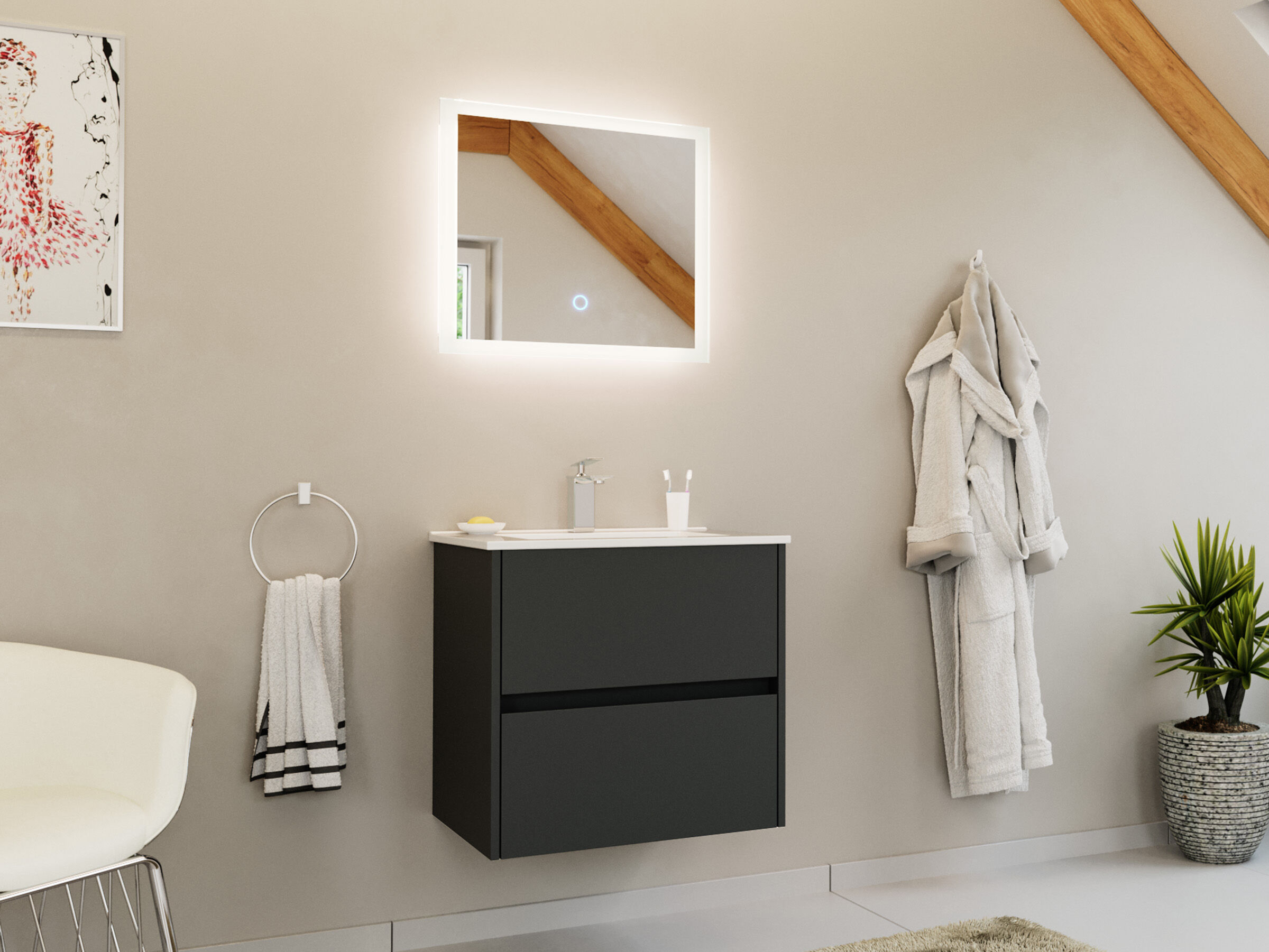 Badmöbelset Taifun 60cm 2 tlg. Waschtisch & LED Spiegel eiche gold