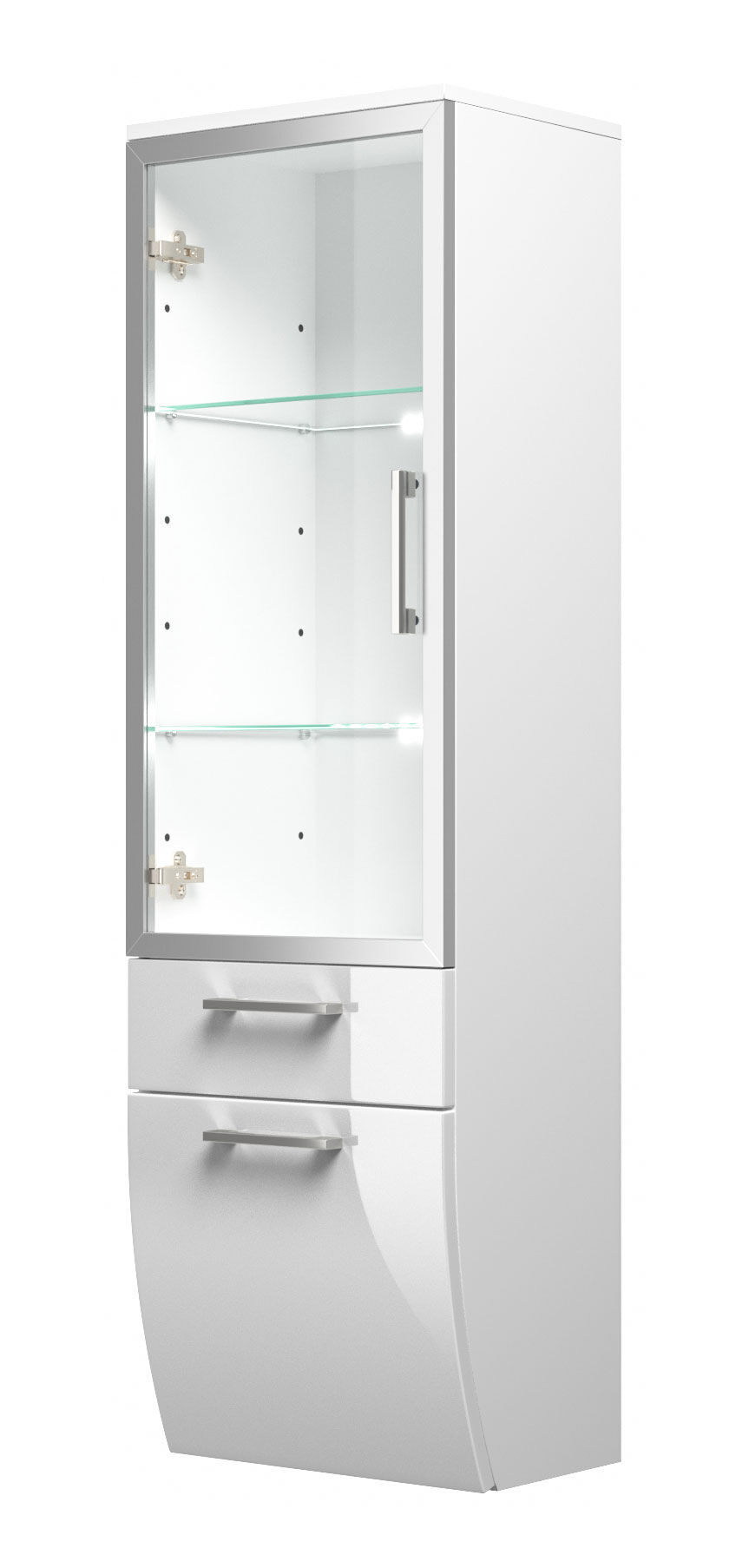 Hochschrank Rima 135 cm mit Glastür rund Weiss hochglanz