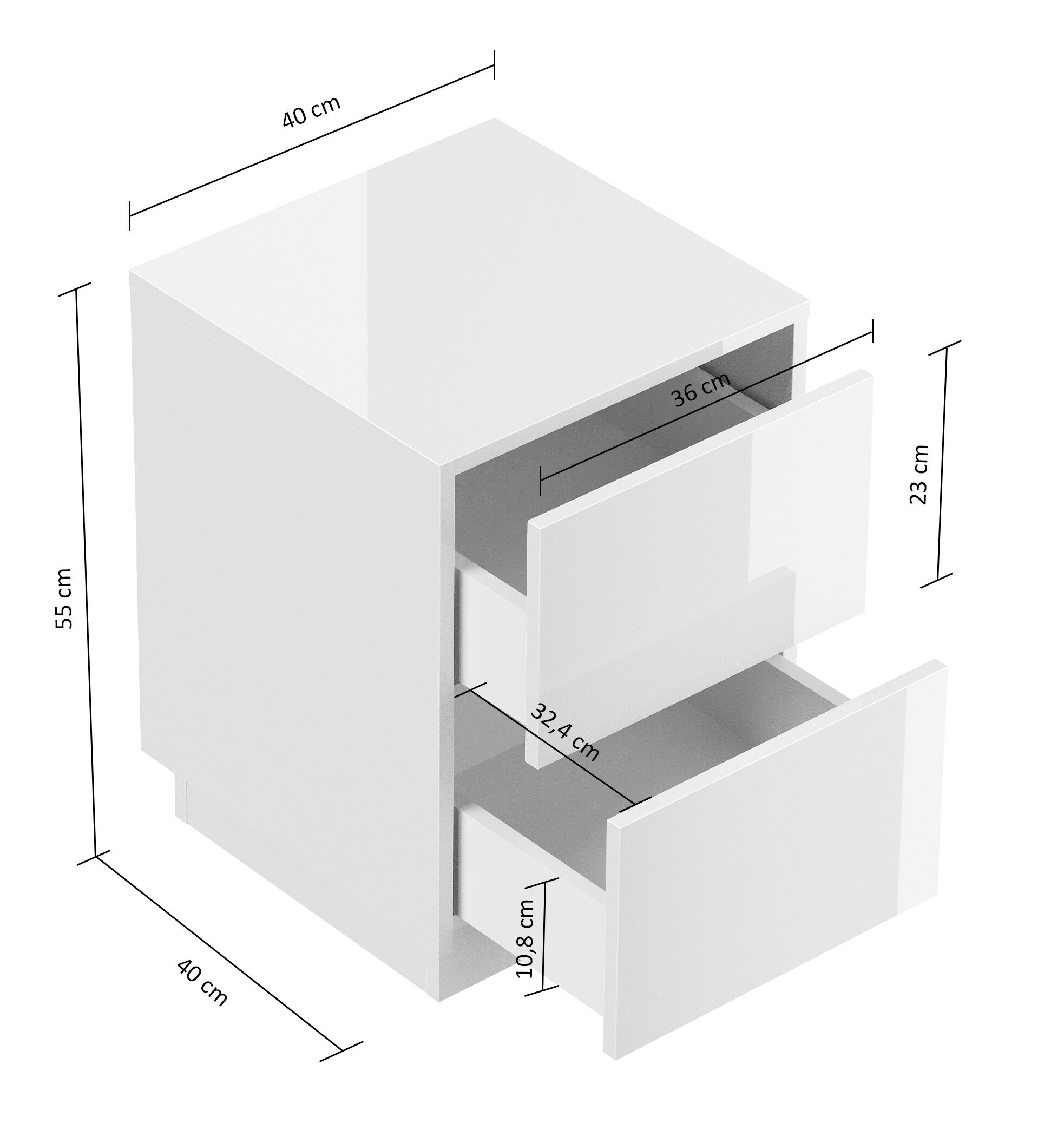 Design Nachttisch Concepto S 40cm stehend, 2 Pushauszüge Grafit Eiche