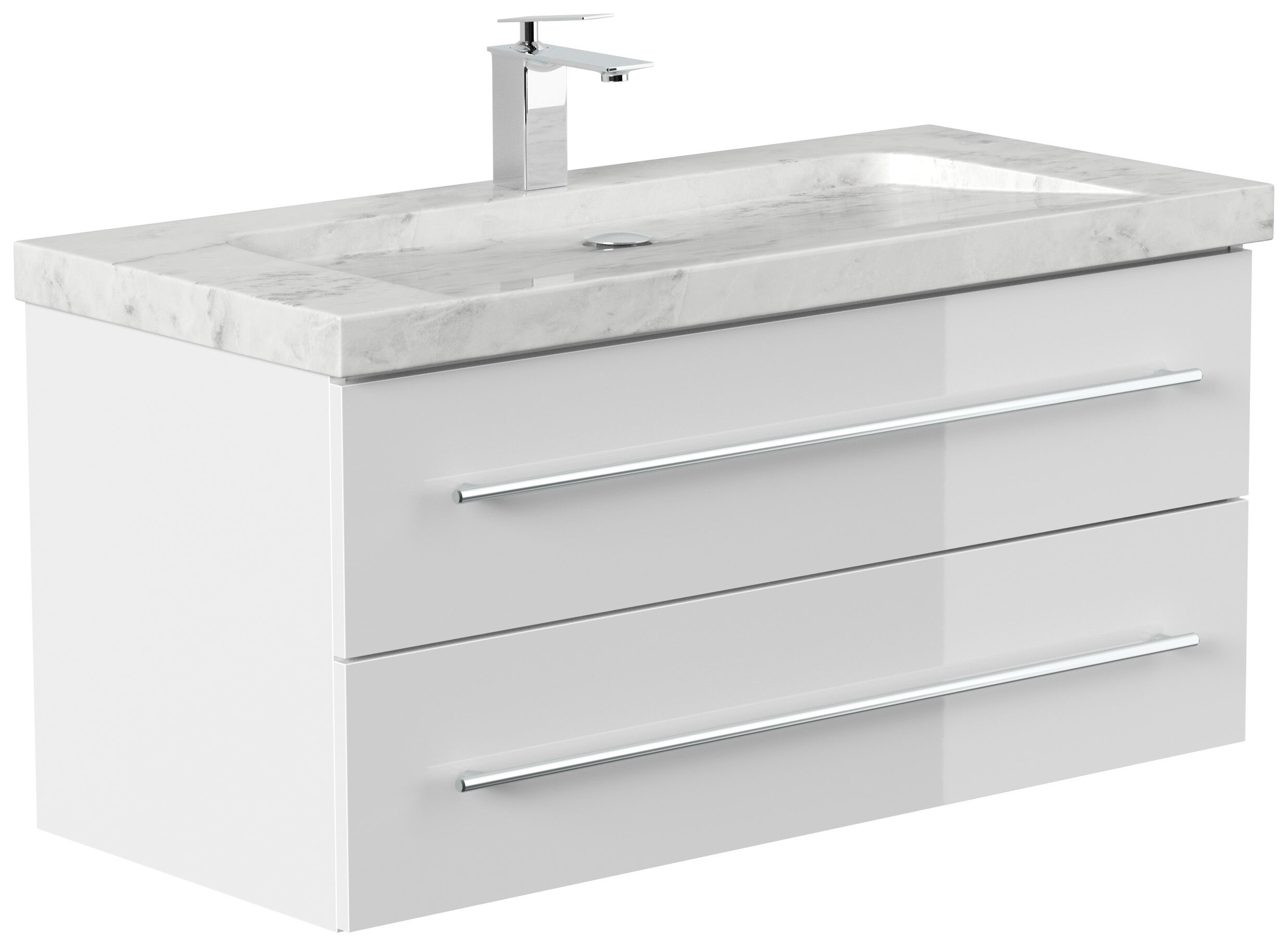 Badmöbel Marmor Carrara White Damo 100 cm 1 Hahnloch SoftClose weiß hochglanz