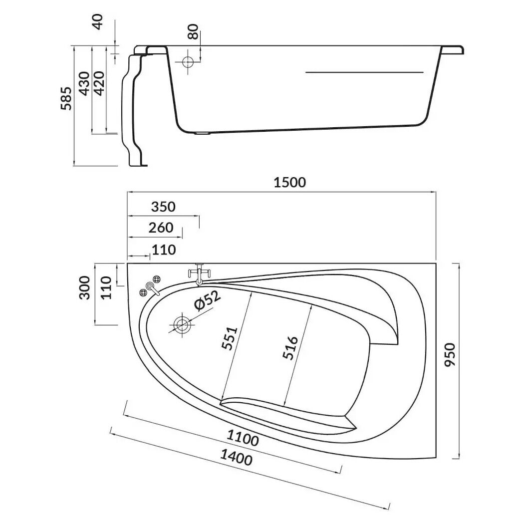 Langeckige Badewanne Stardust 150x95 rechts