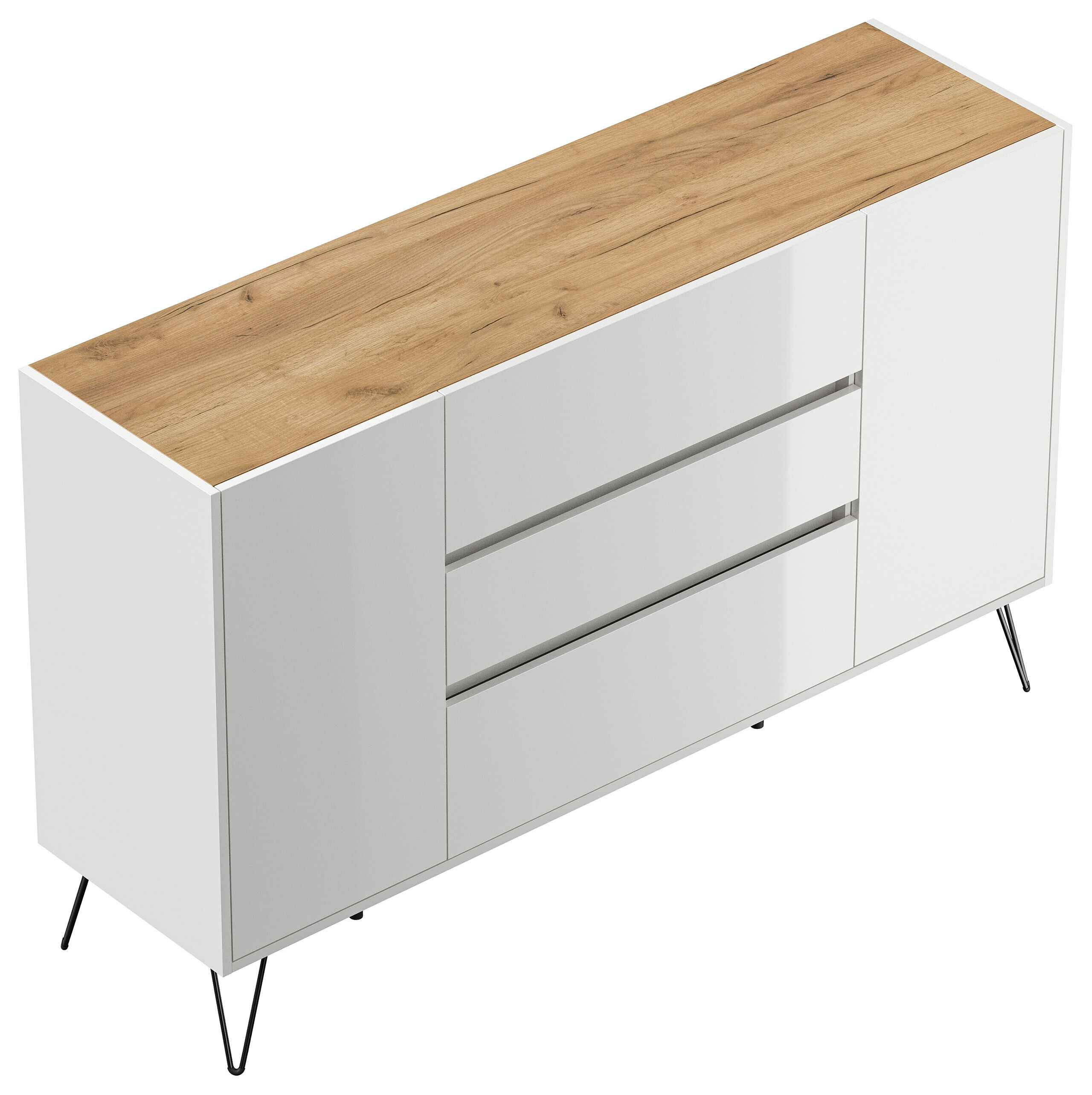 Sideboard Kommode Lovo 155cm Greifraum 3 SoftClose 2 Türen Weiß/Eiche Front