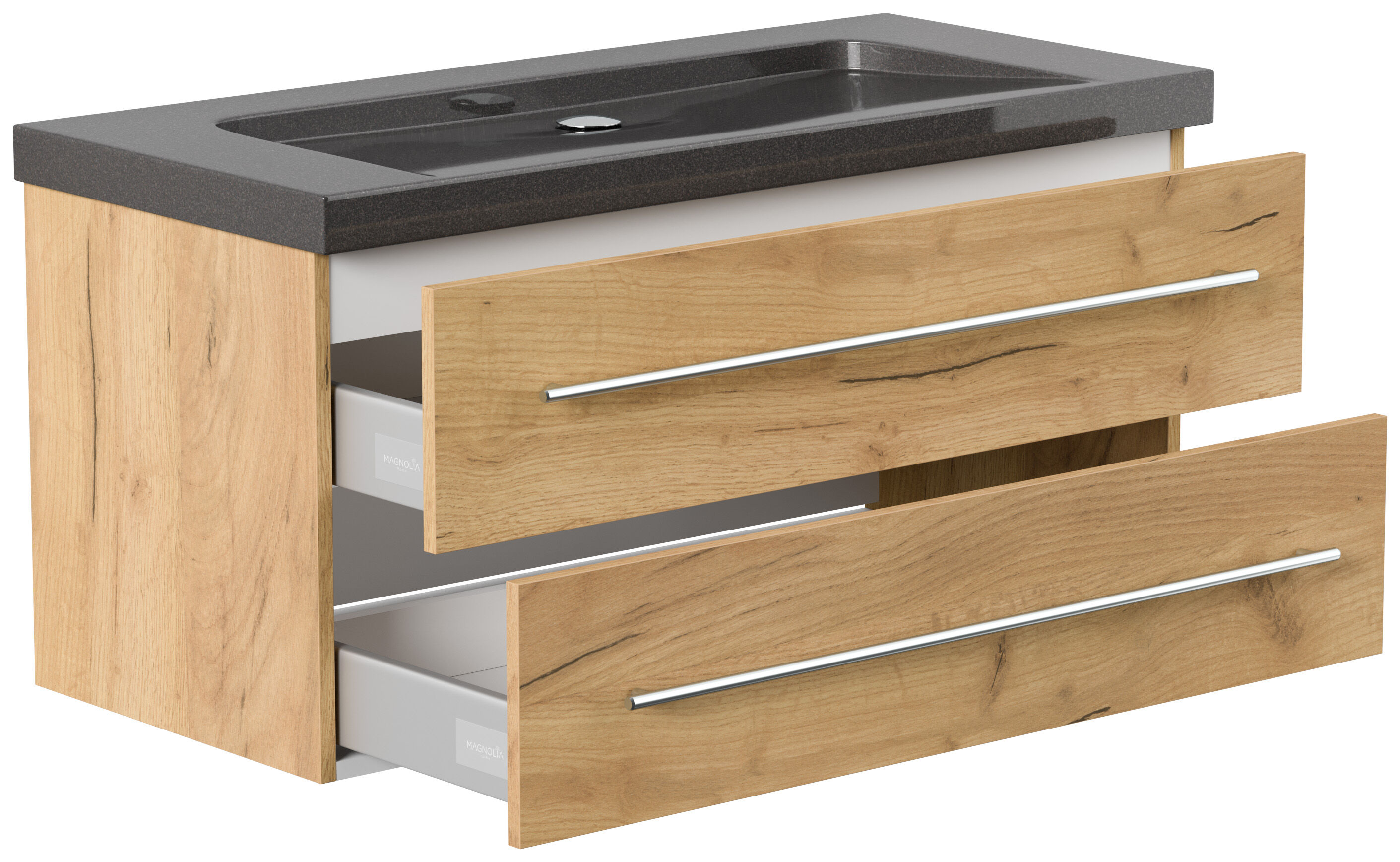 Badmöbel Granit India Black Damo 100 cm ohne Hahnloch SoftClose eiche gold