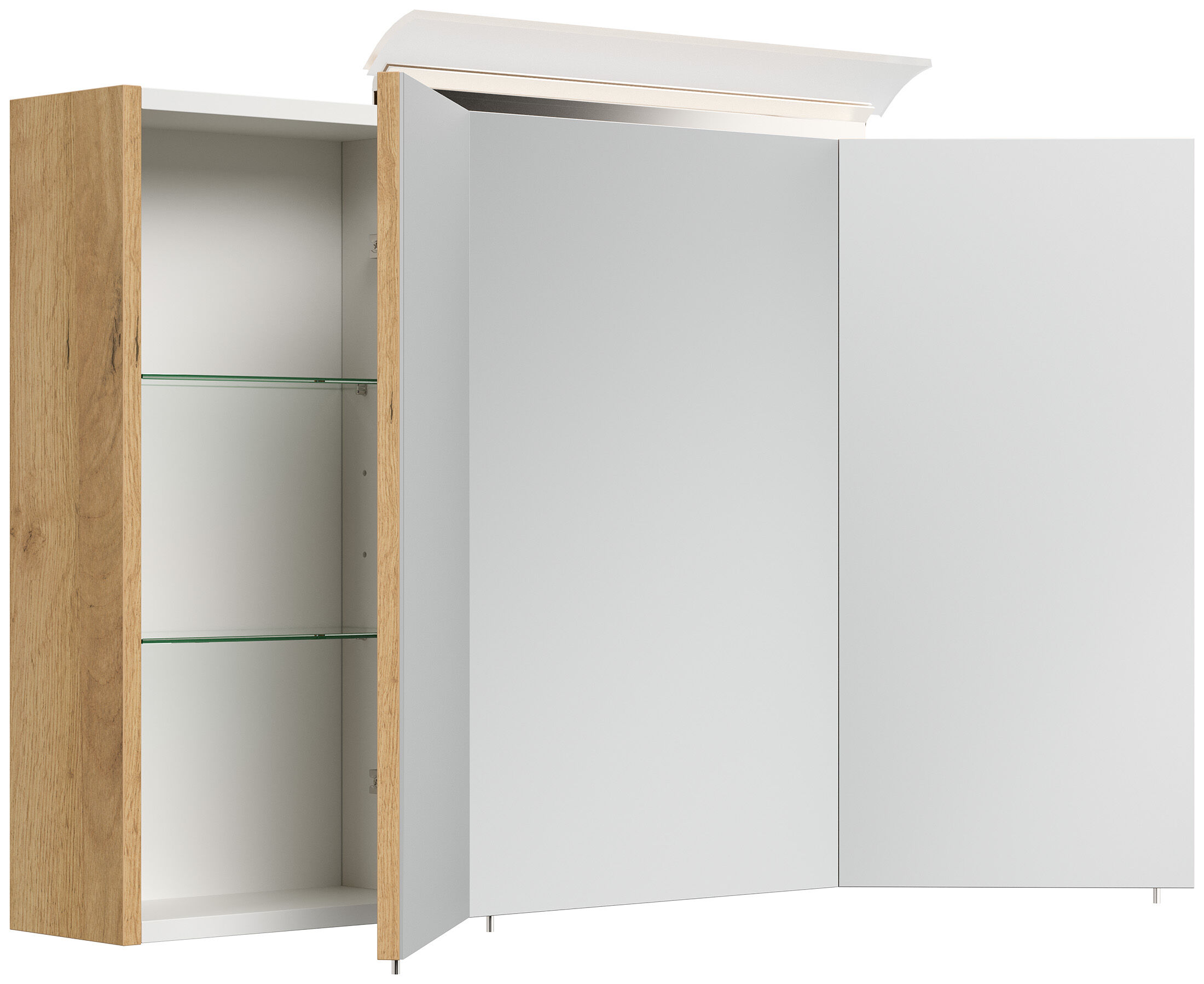 Spiegelschrank 120cm inkl. Design LED-Lampe und Glasböden eiche gold