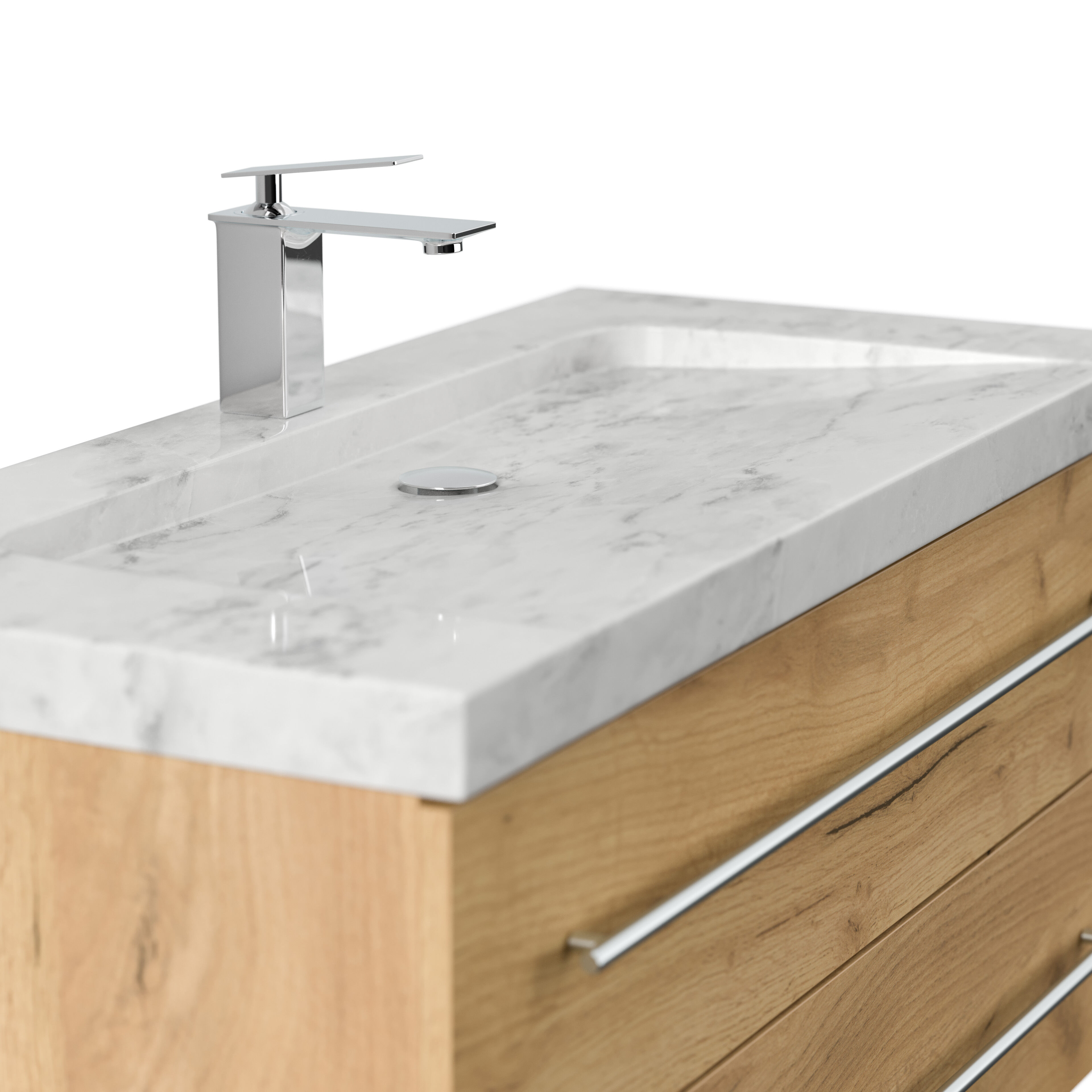 Badmöbel Marmor Carrara White Damo 100 cm 1 Hahnloch SoftClose eiche gold