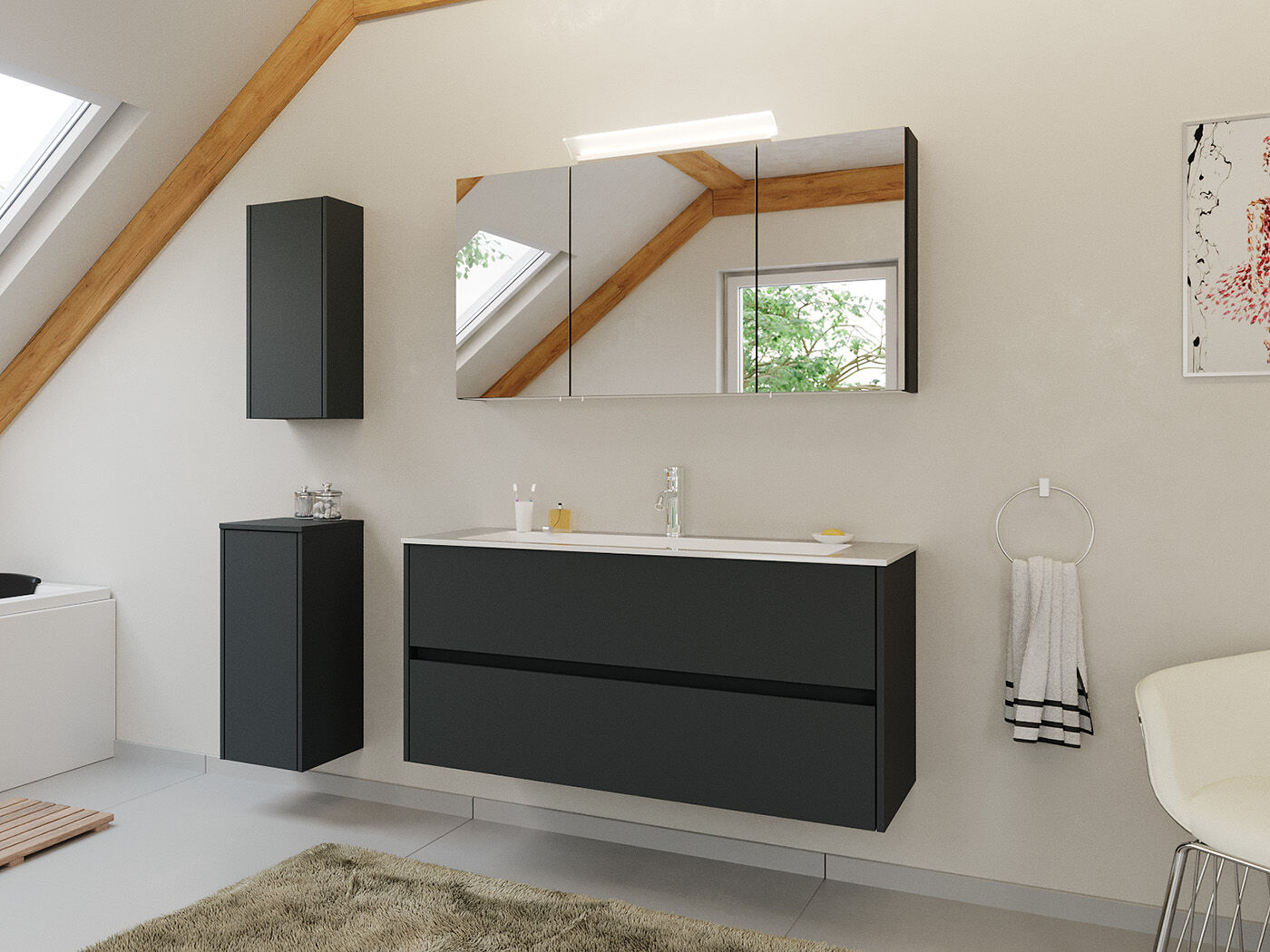 Badmöbel Set Taifun 4tlg. 120 cm mit Spiegelschrank & 2x Badschrank Grafit | Grafit
