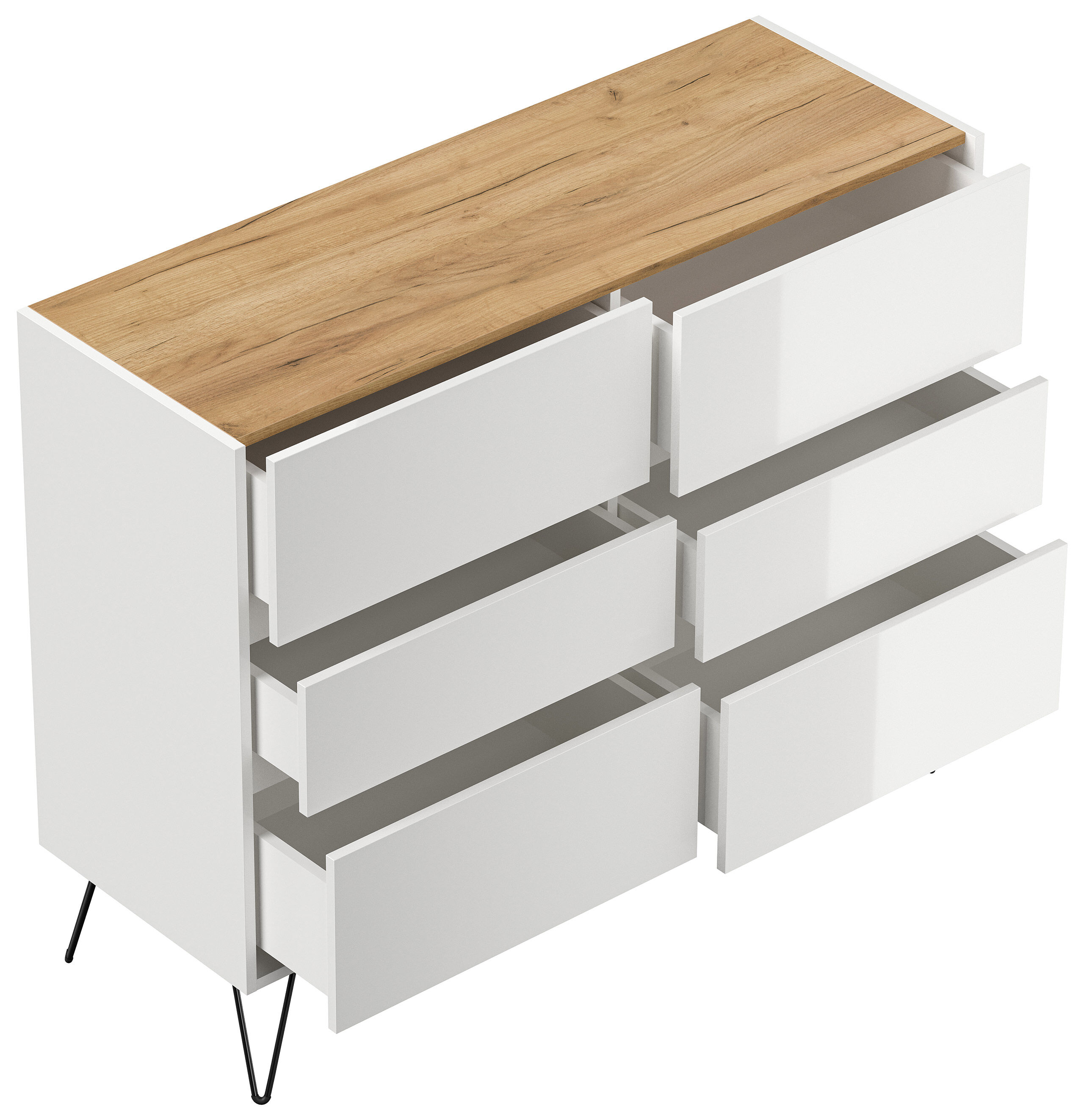 Sideboard Kommode Volo 120cm Greifraum 6 SoftClose Schubladen Weiß/Eiche Top