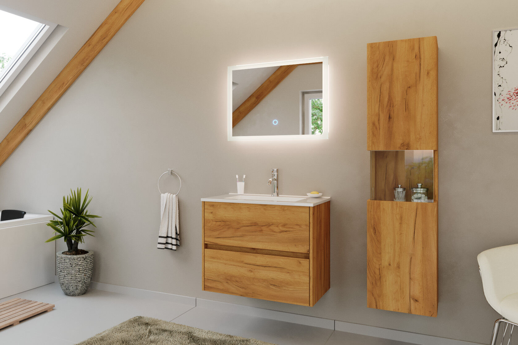 Badmöbel Set Taifun 3tlg. 70cm mit LED Spiegel & Hochschrank eiche gold