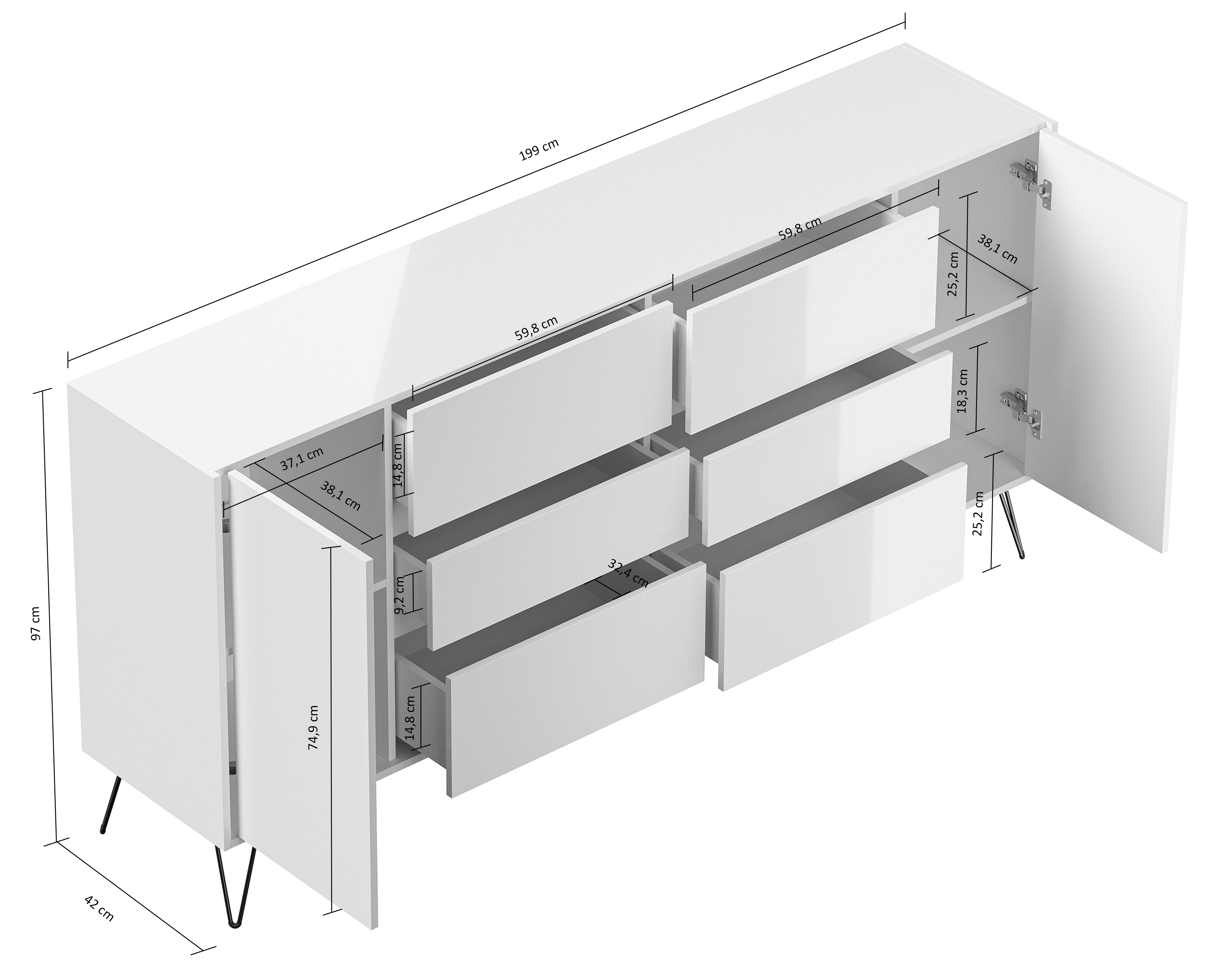 Design Sideboard Kommode Yako 200cm Greifraum 6 SoftClose 2 Türen Weiß hochglanz