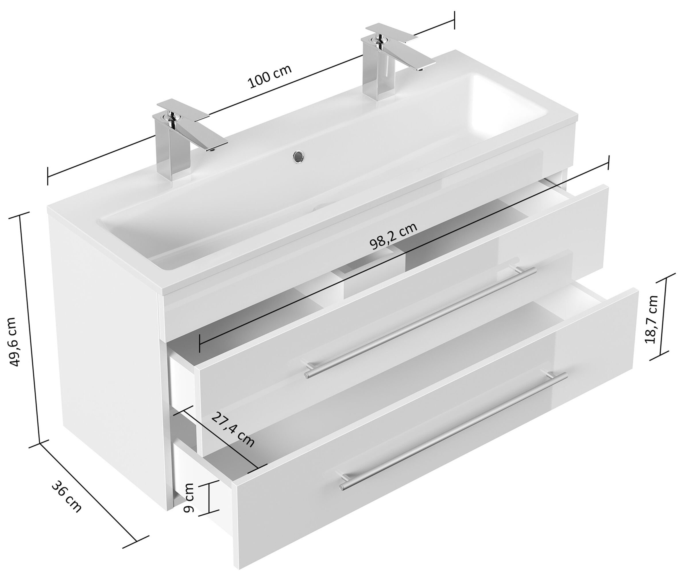 Badmöbel Mars 1000 2 Hahnlöcher 2-teilig mit LED Spiegel SlimLine grafit