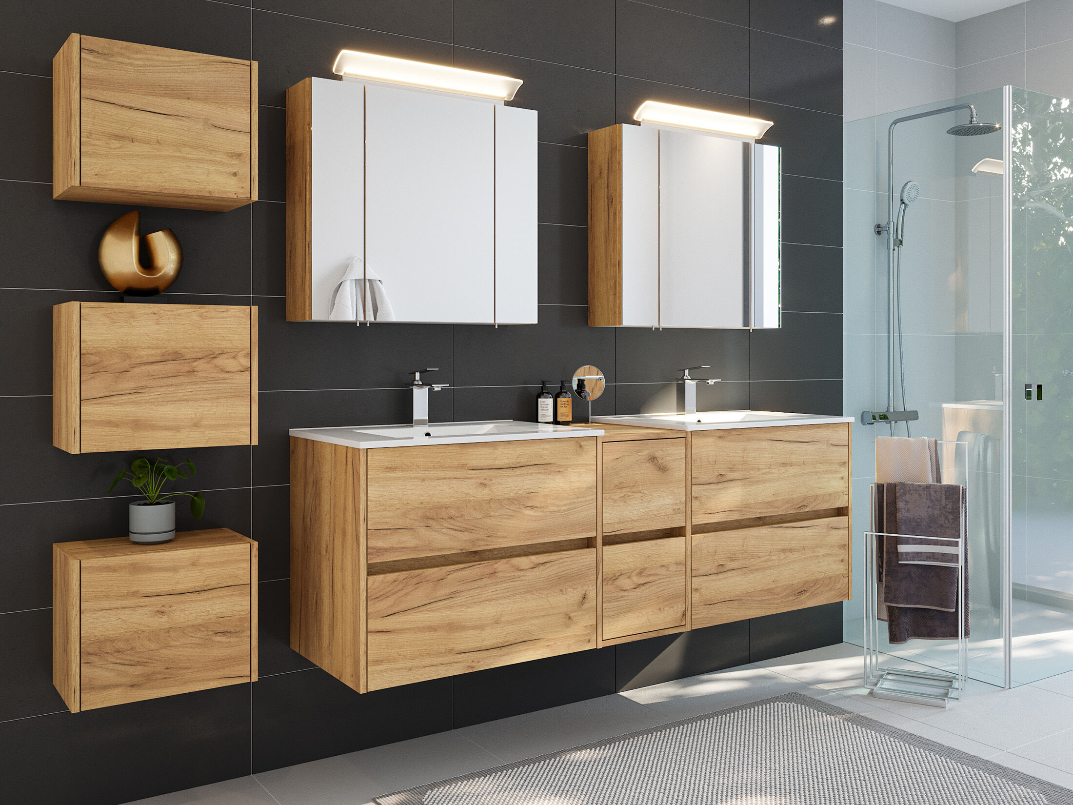 Badmöbelset Taifun 170cm 4tlg mit 2x Spiegelschrank & 3er Boxen Set eiche gold