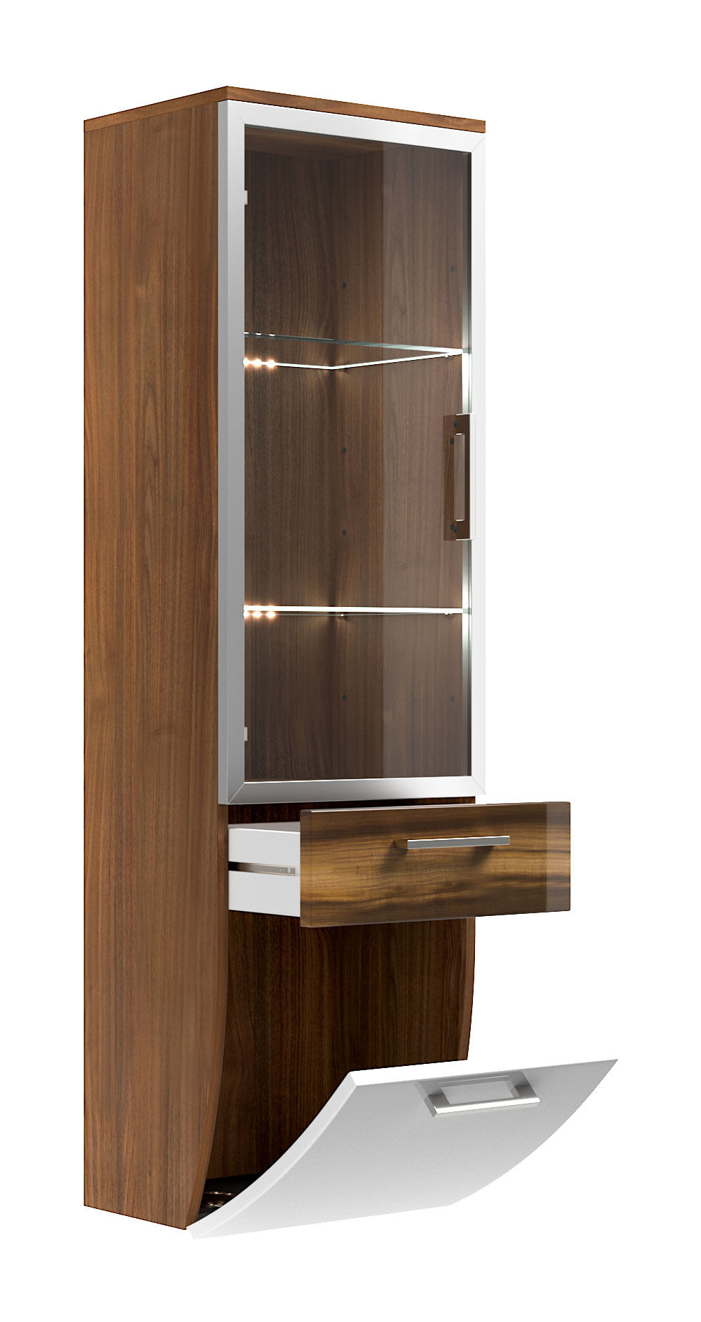 Hochschrank Rima 135 cm mit Glastür rund Weiss hochglanz/Walnuss hochglanz