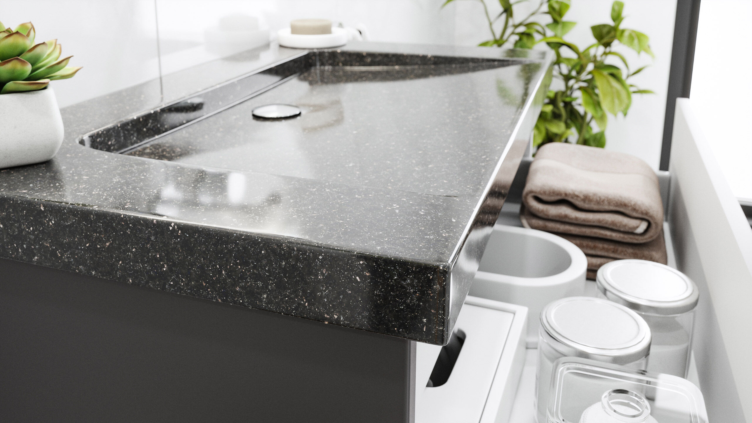 Badmöbel Granit Galaxy Black Damo 75 cm ohne Hahnloch anthrazit & Spiegel