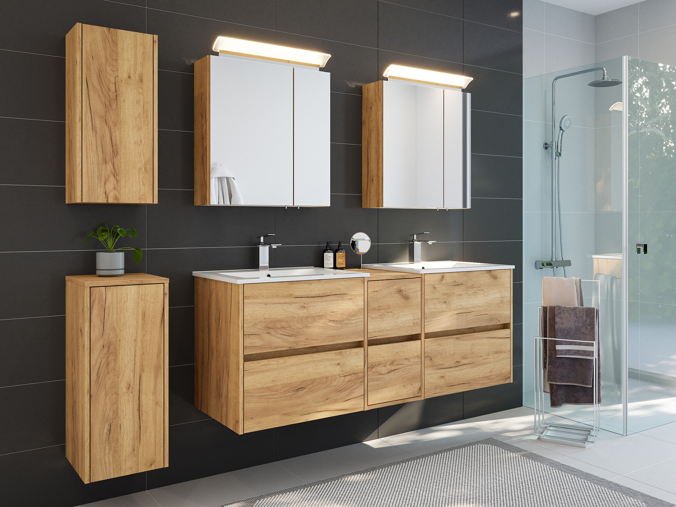 Badmöbelset Taifun 150cm 5tlg mit 2x Spiegelschrank & 2x Badschrank grafit