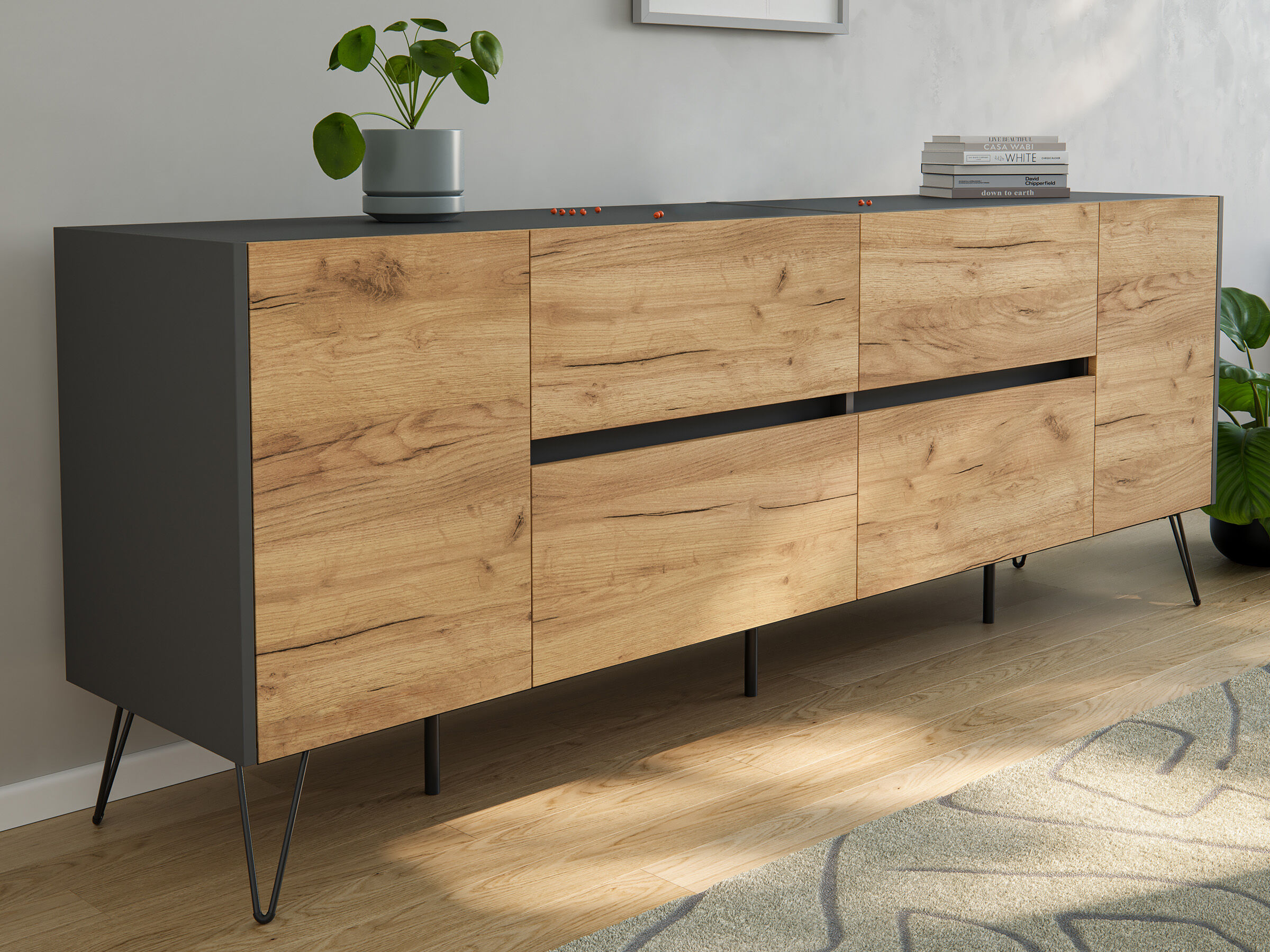 Sideboard Yako 200cm 2 Türen 4 Schubladen Grafit mit Eiche Fronten