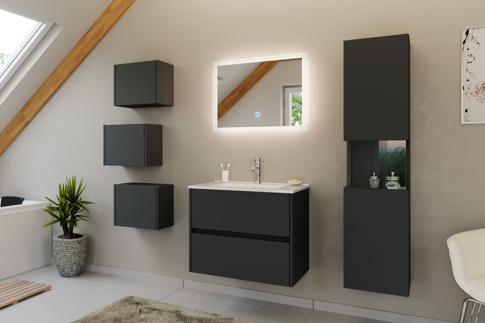 Badmöbel Set Taifun 4tlg. 70cm mit LED Spiegel 3er Boxen & Hochschrank Grafit 