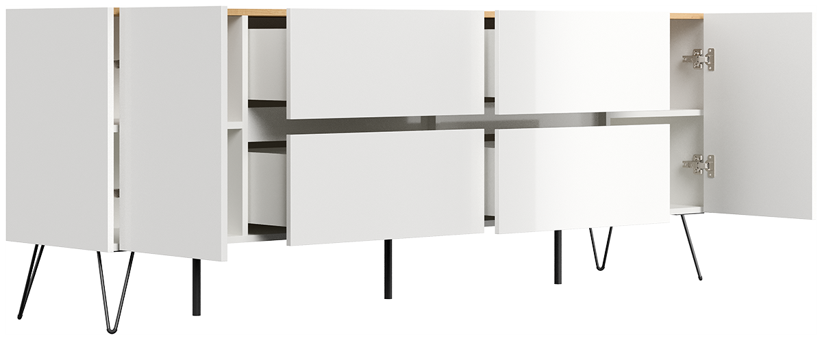 Sideboard Yako 200cm 2 Türen 4 Schubladen Weiß Hgl mit Eiche Top
