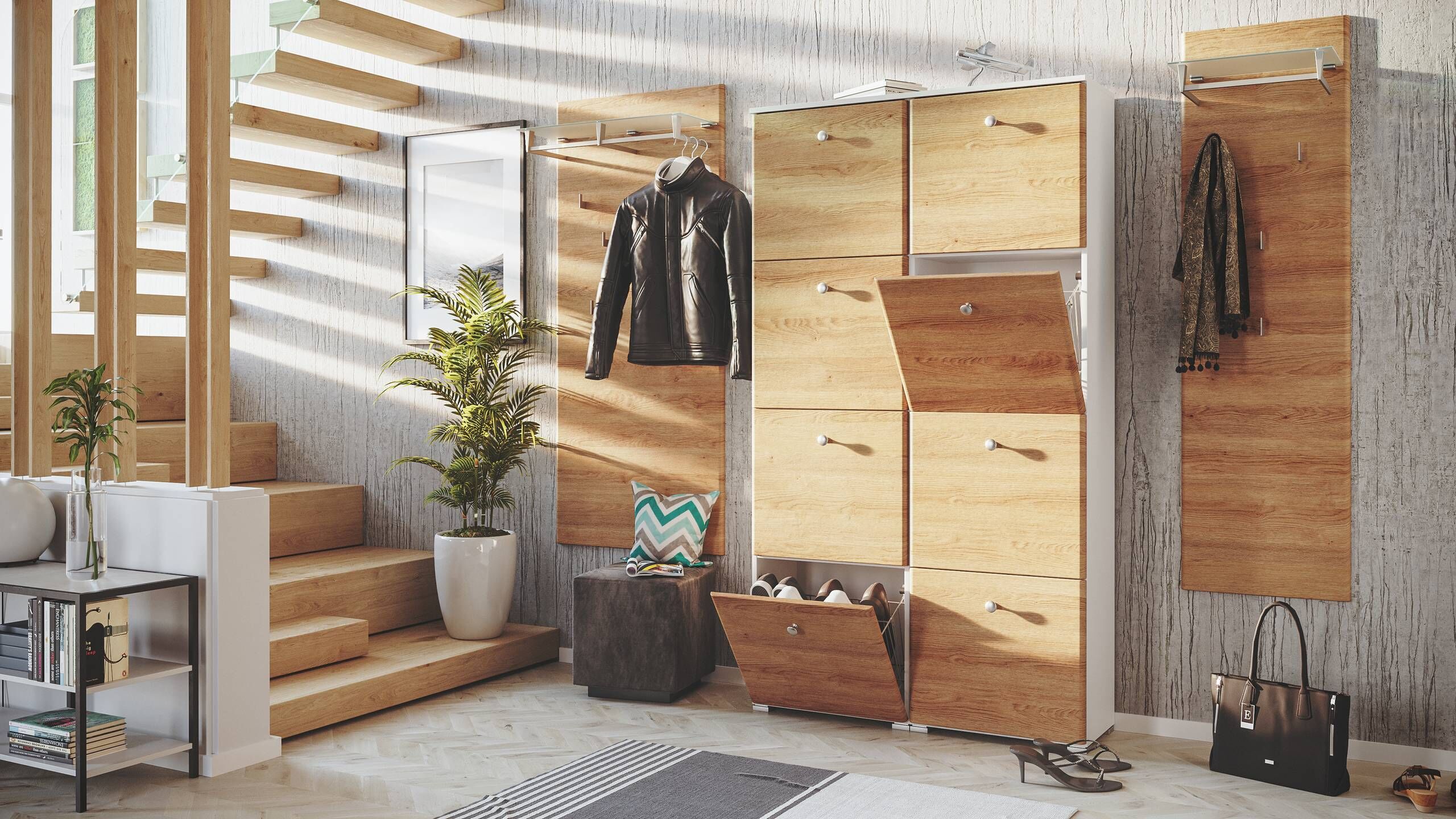 Garderobe Set 106 Visalia 3 tlg Schuhschrank 8 Klappen 32 Paar Weiss-Eiche