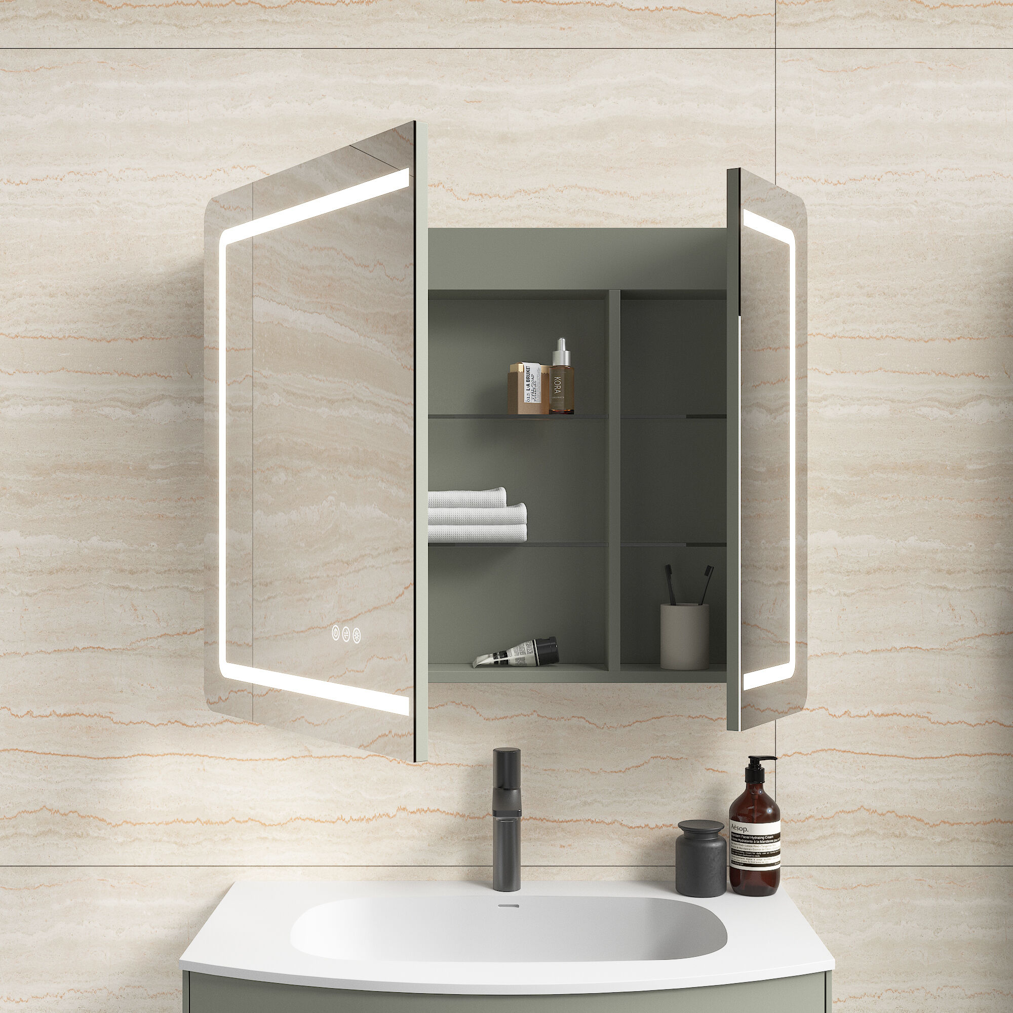 Spiegelschrank Riva 80 cm inkl. LED-Lampe und Glasböden montiert grün matt
