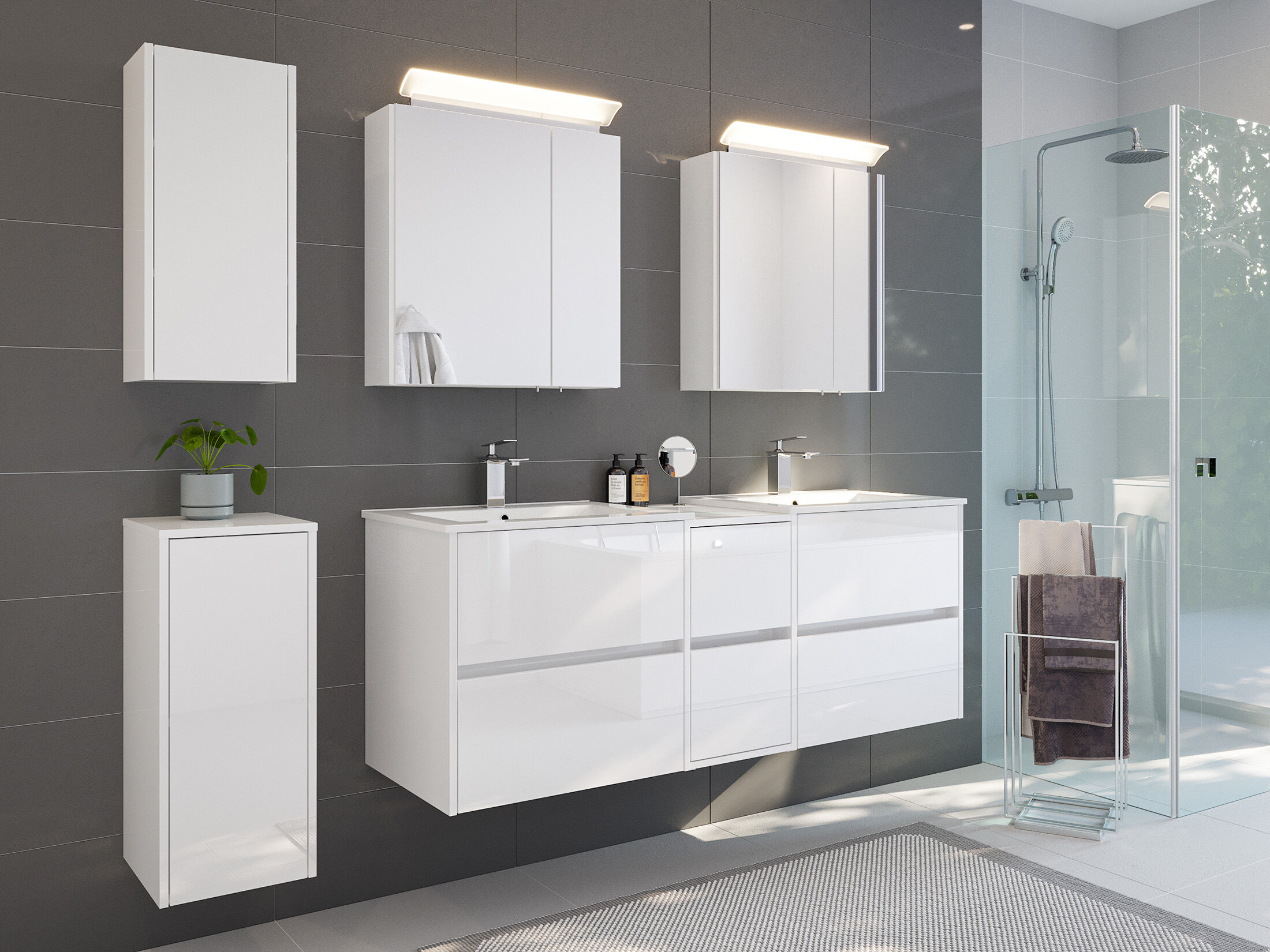 Badmöbelset Taifun 150cm 5tlg mit 2x Spiegelschrank & 2x Badschrank weiß Hgl