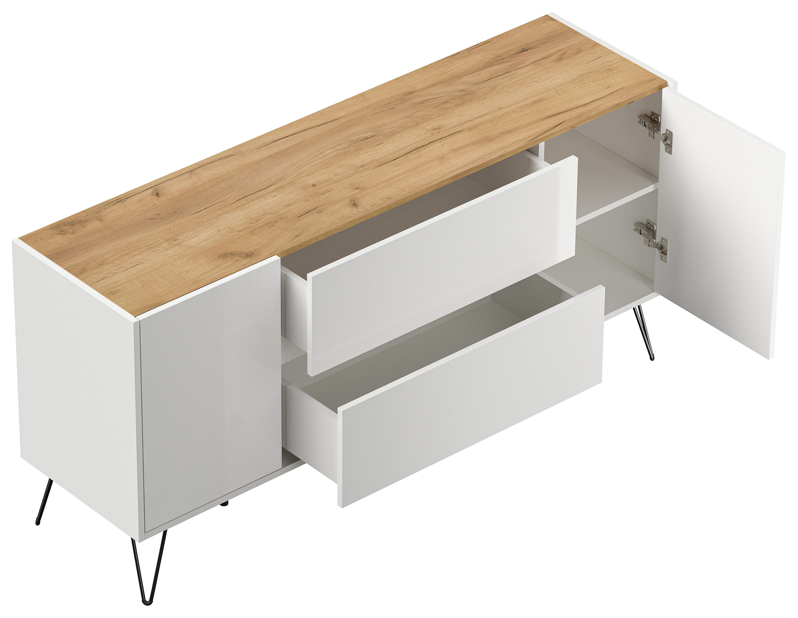 Sideboard Yako 155cm 2 SoftClose 2 Türen Weiß/Eiche Top