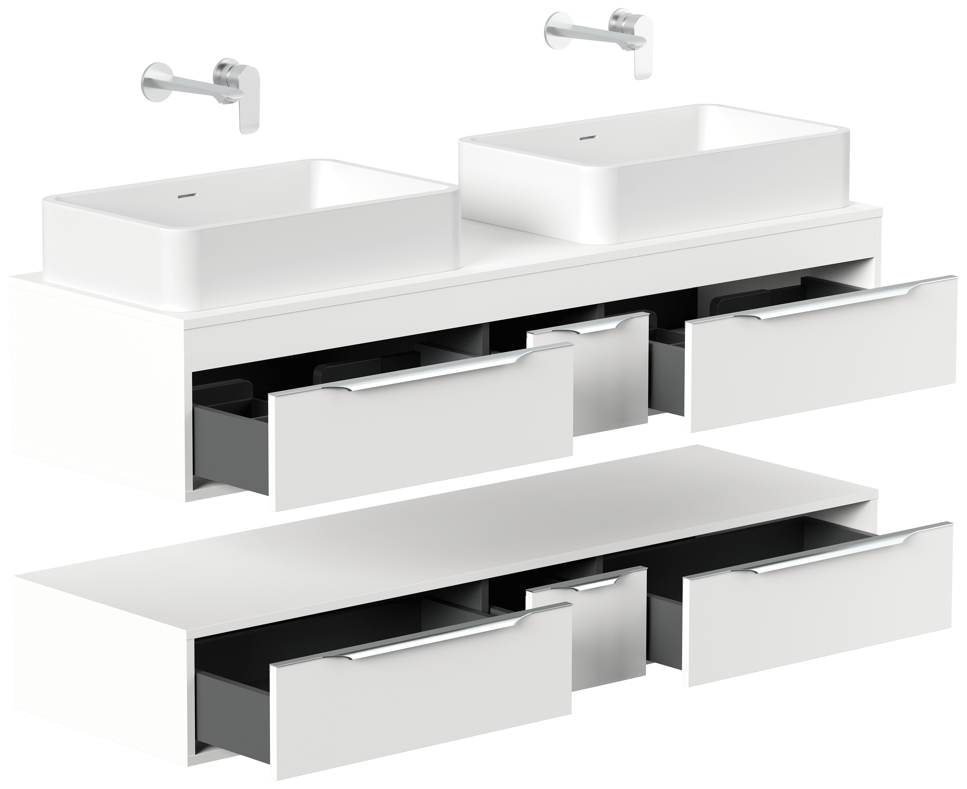 Doppelbadmöbel Elements 150cm mit 2 runden Aufsatzwaschbecken weiss matt