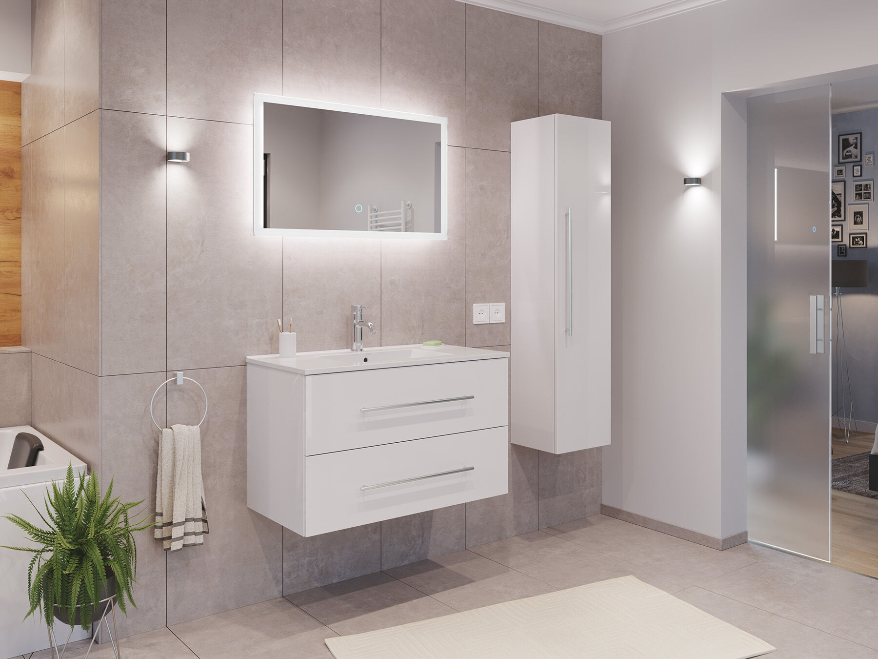 Badmöbel Set Firenze 90 3tlg. LED Spiegel und Hochschrank grafit