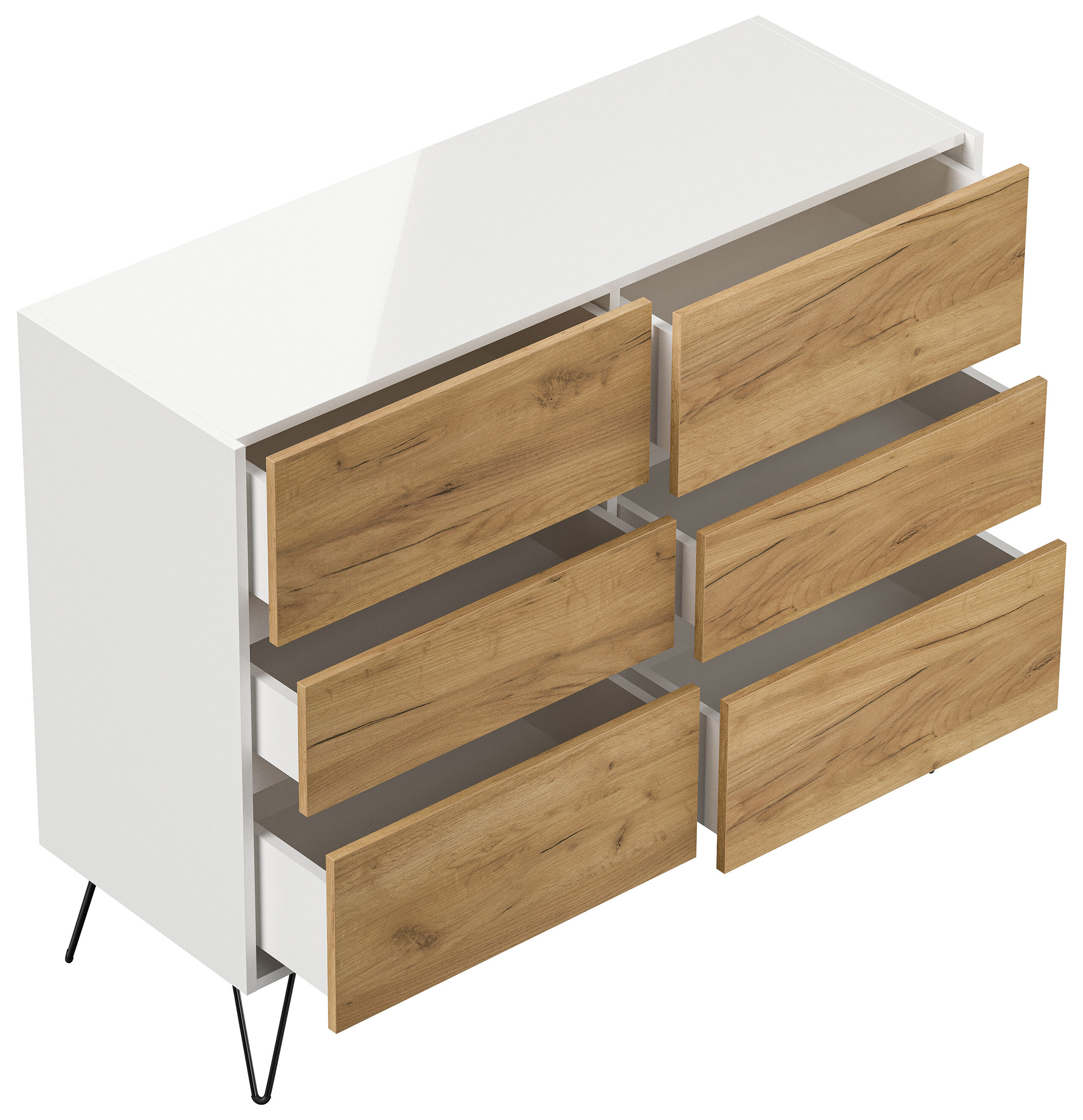 Sideboard Kommode Volo 120cm Greifraum 6 SoftClose Schubladen Weiß/Eiche Front