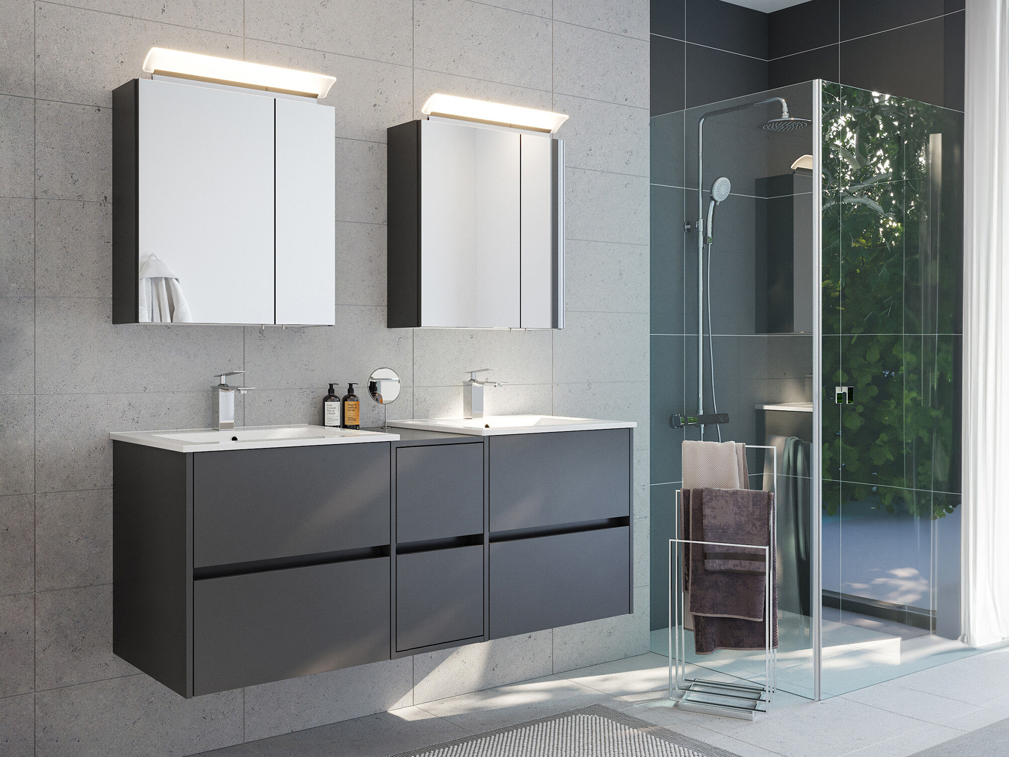 Badmöbelset Taifun 150cm 3tlg mit 2x Spiegelschrank grafit