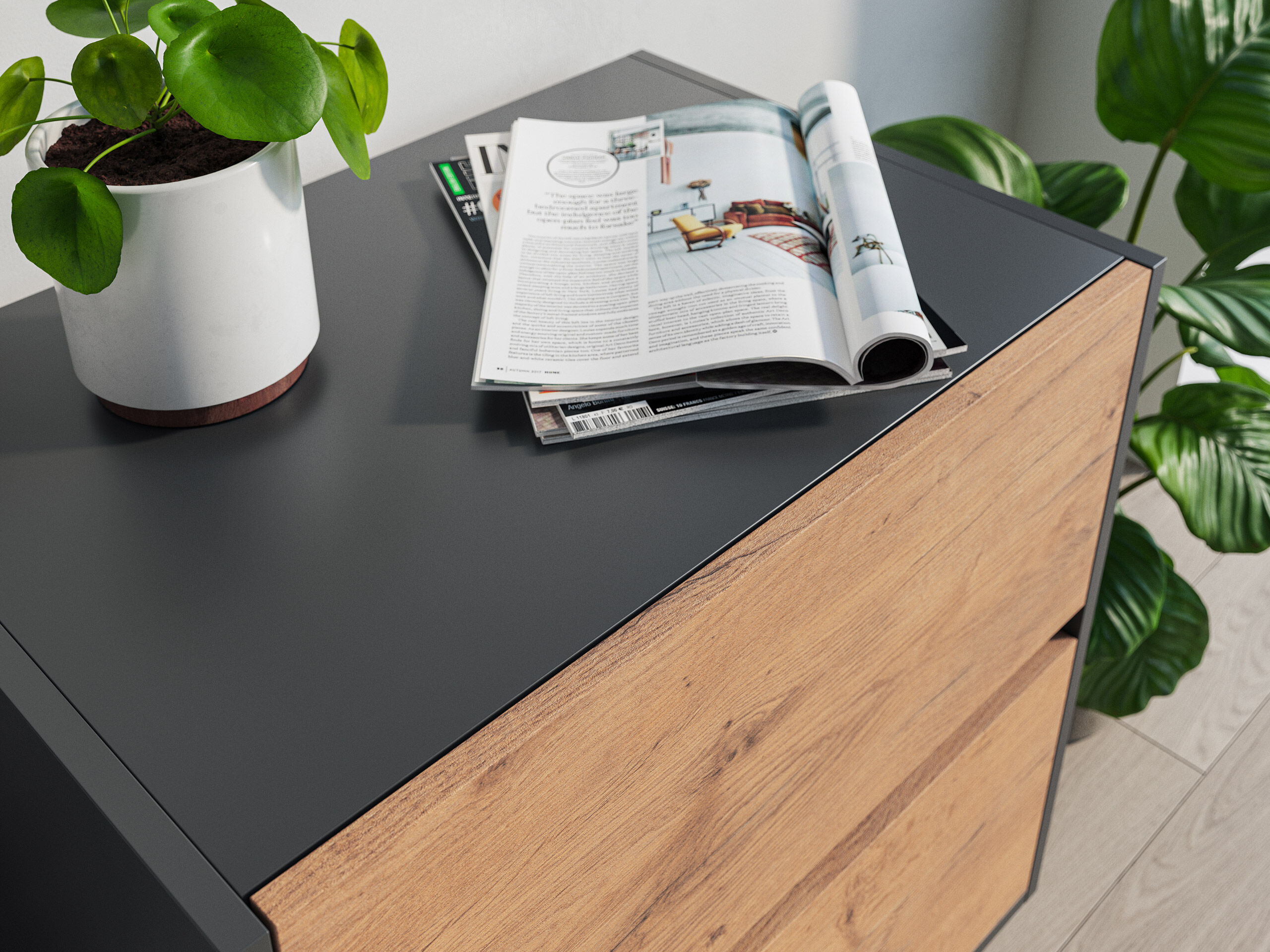 Nachttisch Yako 60cm 2 SoftClose stehend Weiß & Eiche Top