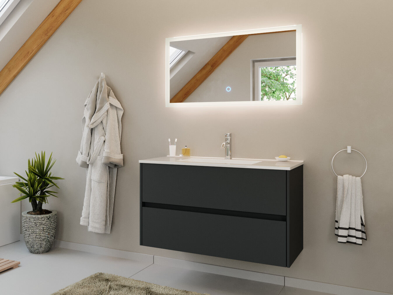 Badmöbel Set Taifun 2tlg. 100 cm mit LED Spiegel weiß Hgl