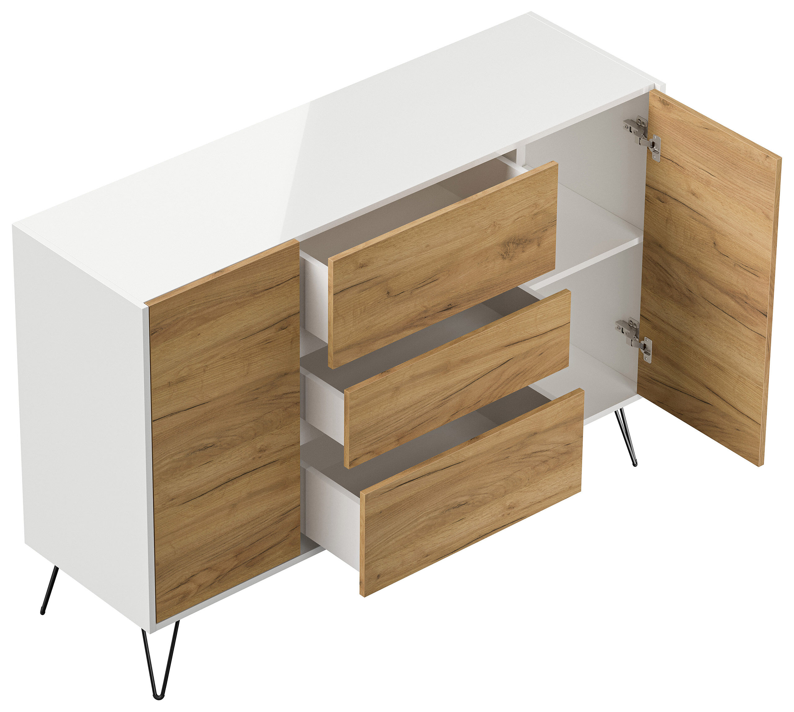 Sideboard Yako XL 140cm 3 SoftClose 2 Türen Weiß/Eiche Front