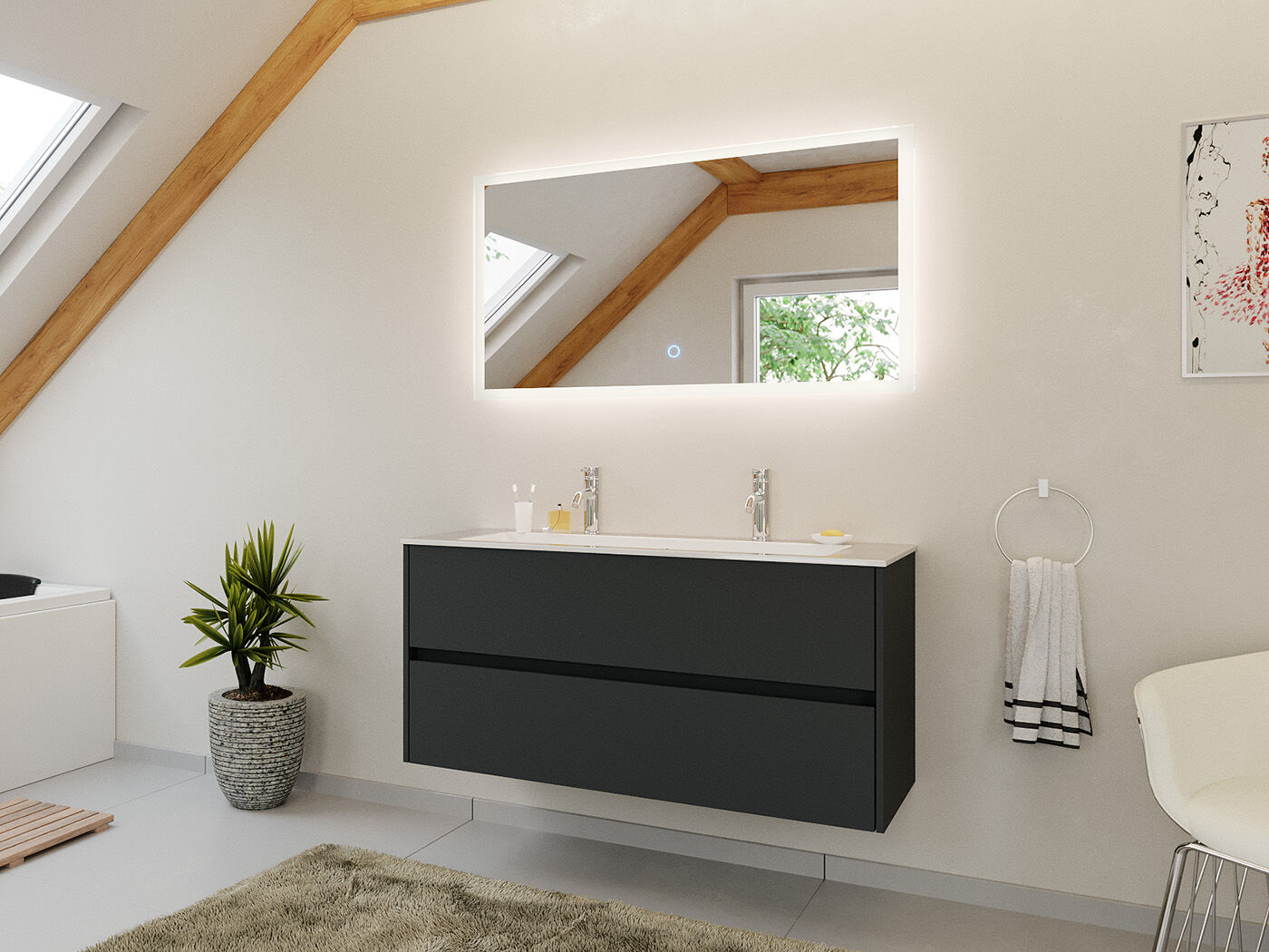 Doppel-Badmöbel Set Taifun 2tlg. 120 cm mit LED Spiegel weiß Hgl