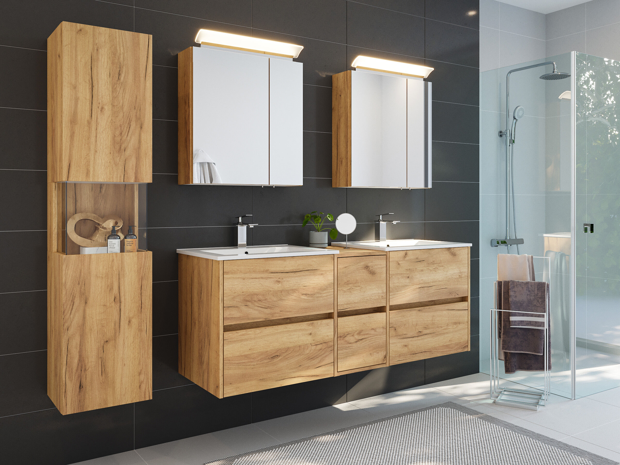 Badmöbelset Taifun 150cm 4tlg mit 2x Spiegelschrank & Seitenschrank eiche gold