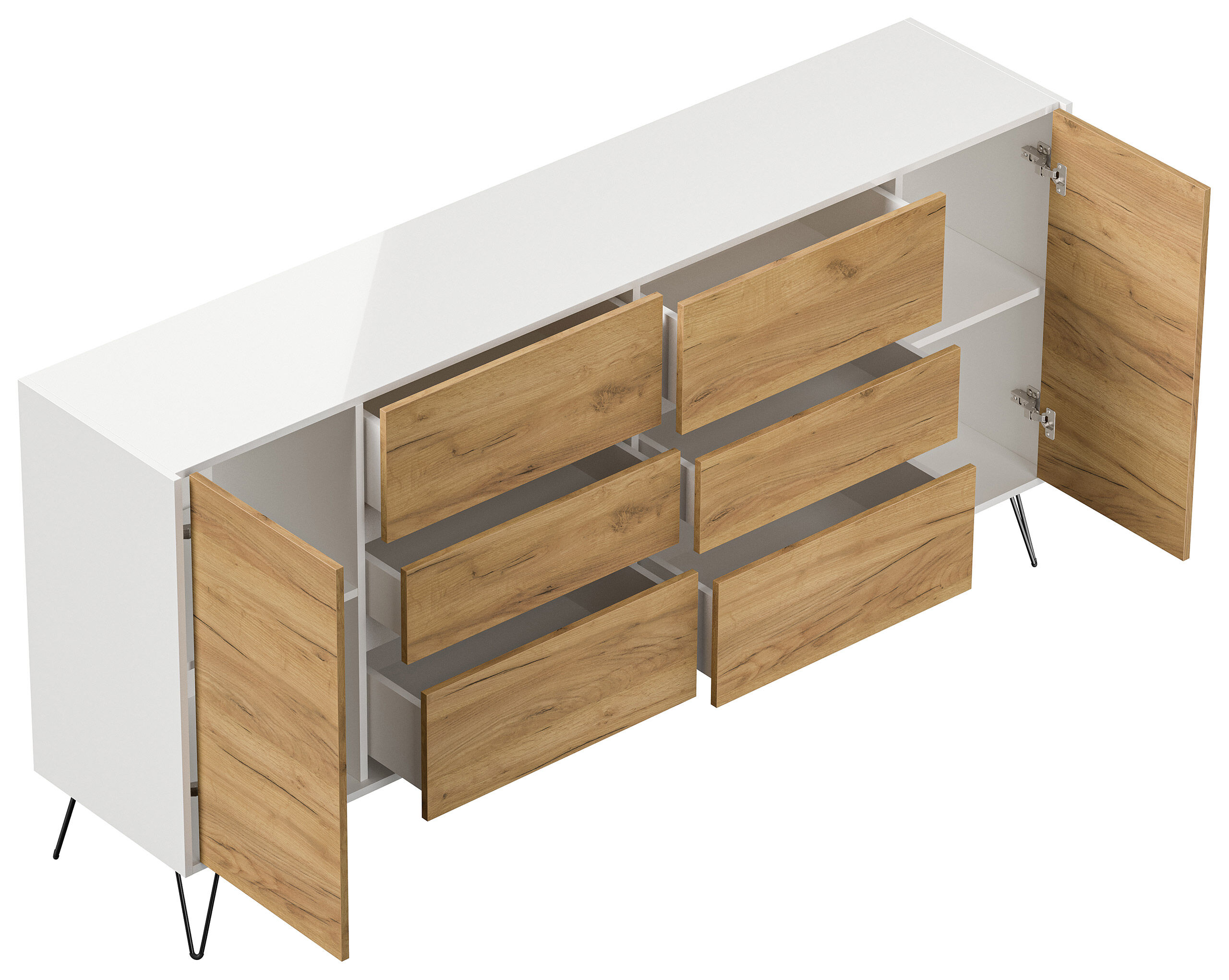 Sideboard Kommode Yako 200cm Greifraum 6 SoftClose 2 Türen Weiß/Eiche Front