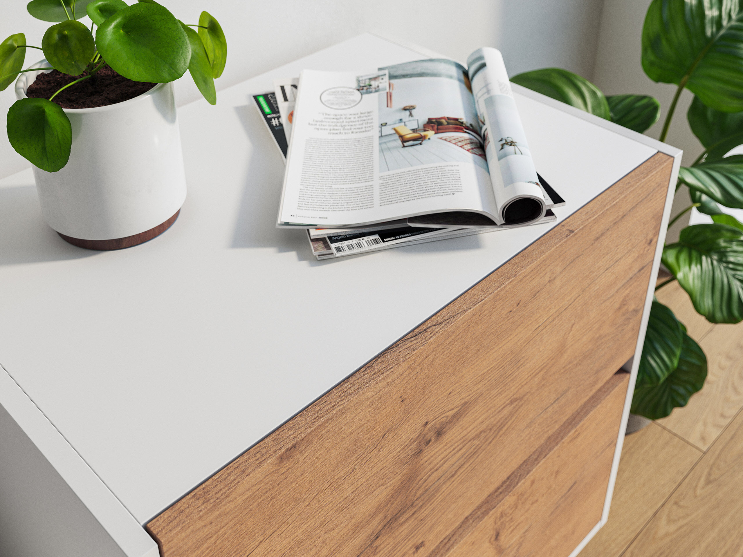 Nachttisch Yako 60cm 2 SoftClose stehend Weiß & Eiche Top