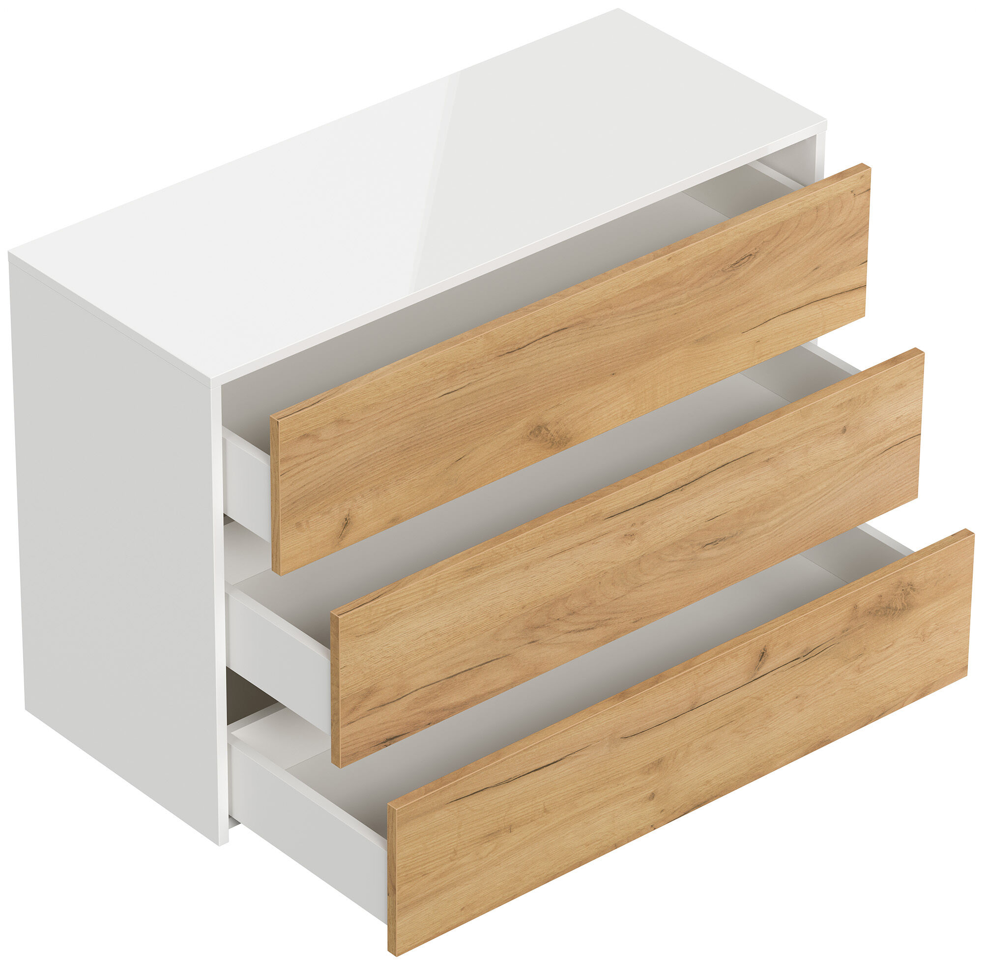 Sideboard Kommode Hero B hängend 100cm 3 Pushauszüge Weiß Hgl Eiche | Weiss hochglanz / Eiche Gold