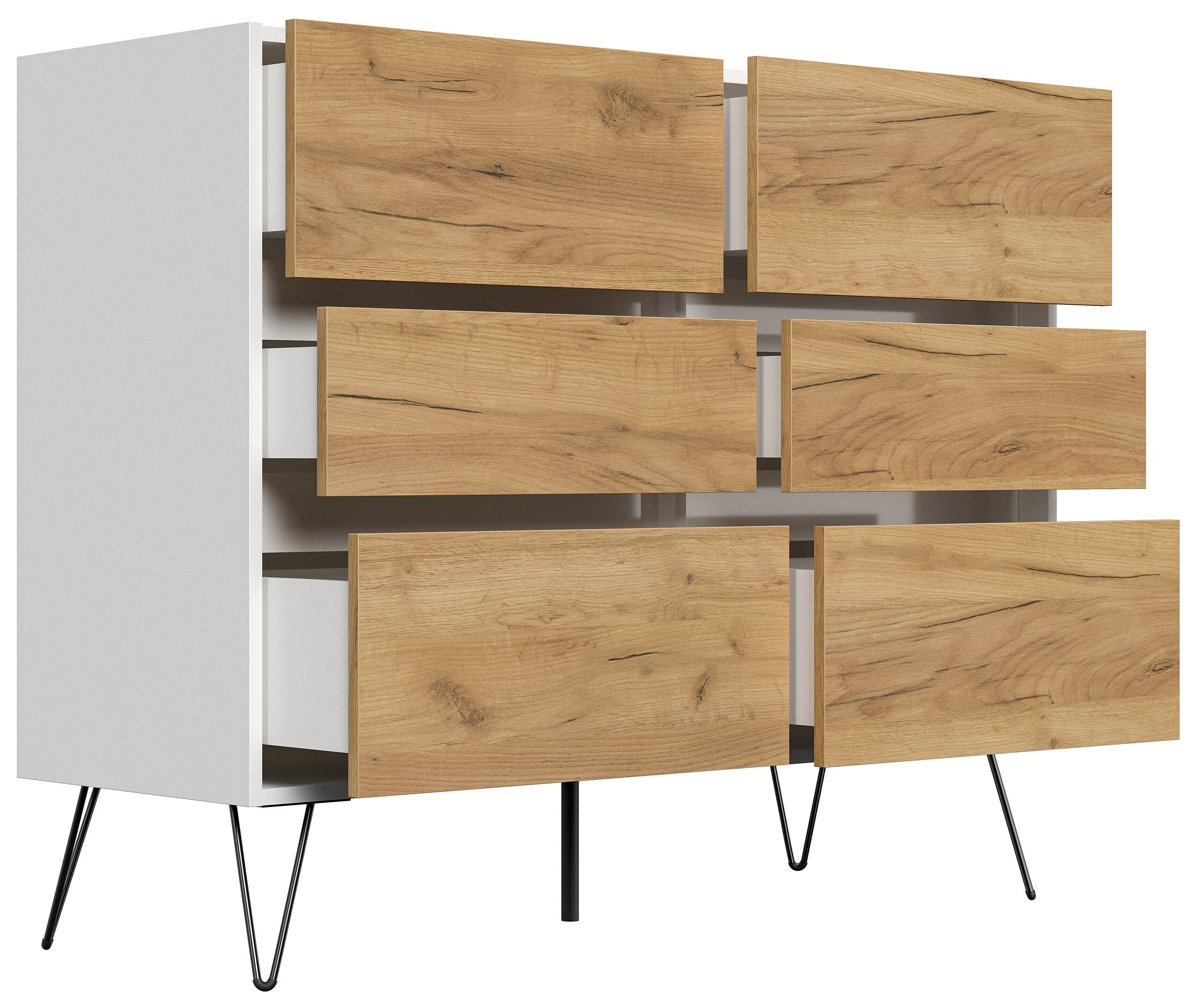 Sideboard Kommode Volo 120cm Greifraum 6 SoftClose Schubladen Weiß/Eiche Front