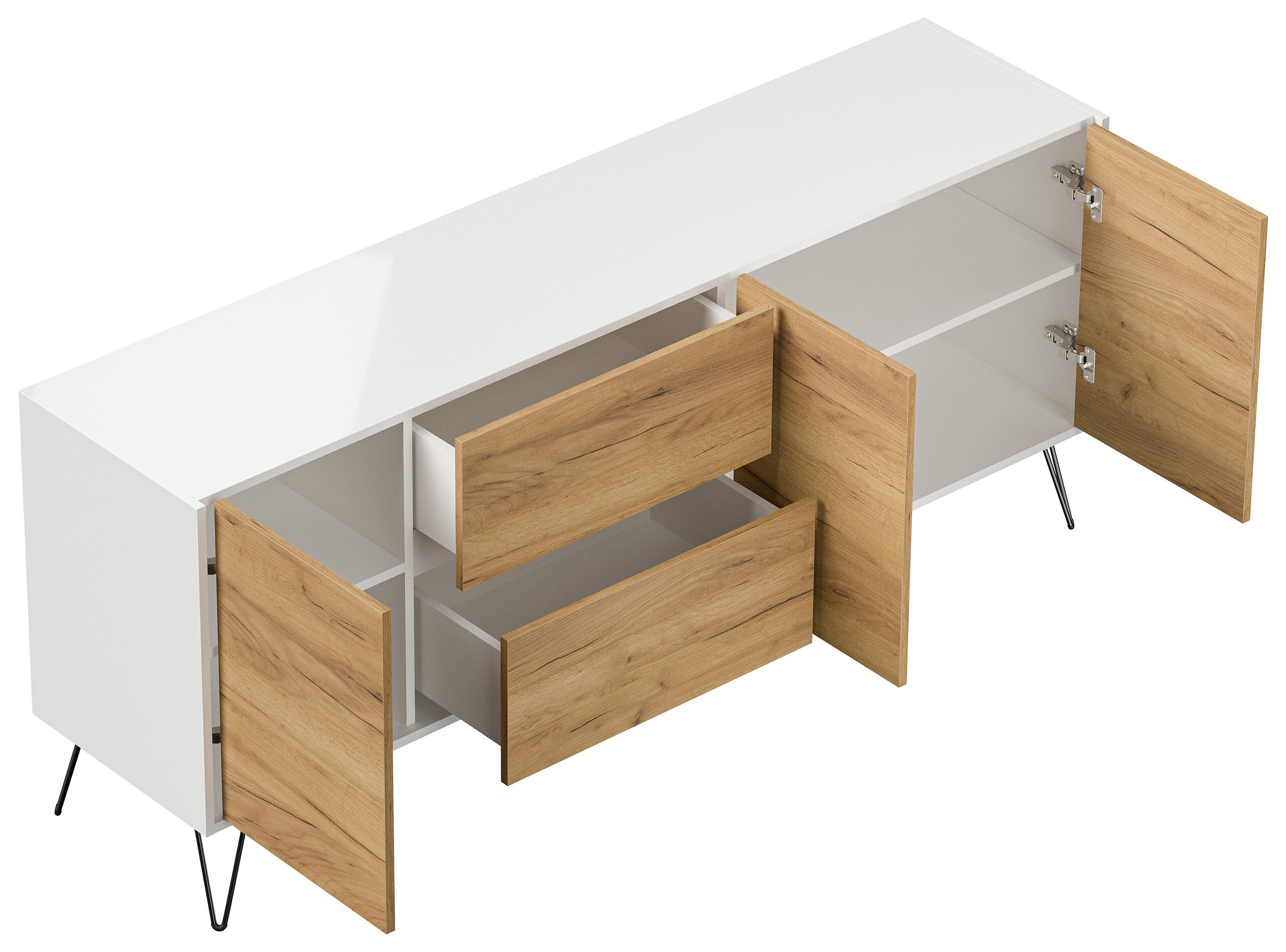 Raumwunder XL Sideboard Kommode Pharo 180cm 2 SoftClose 3 Türen Weiß/Eiche Front