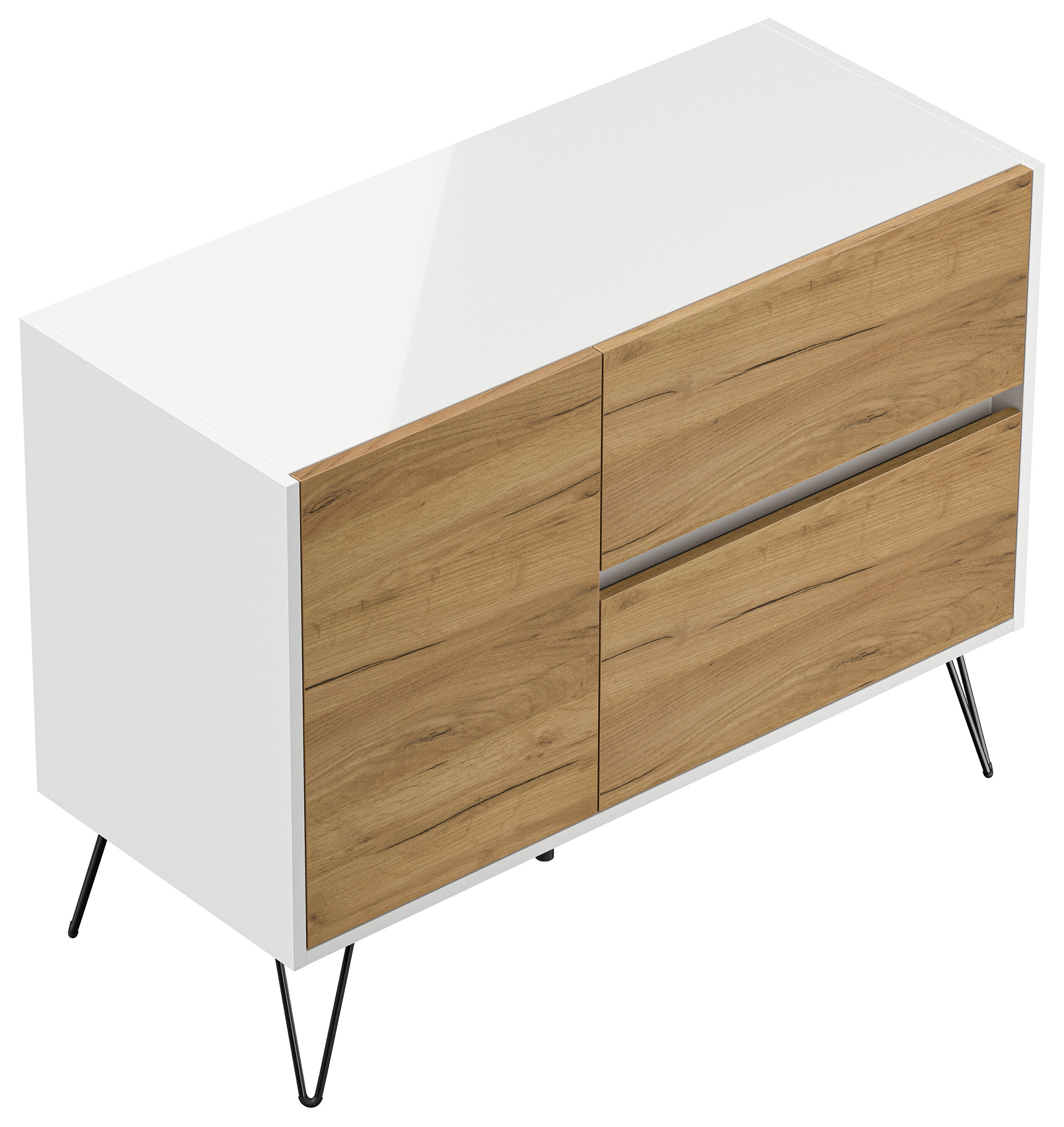 Raumwunder L Sideboard Kommode 100cm 2 SoftClose 1 Tür Weiß/Eiche Front