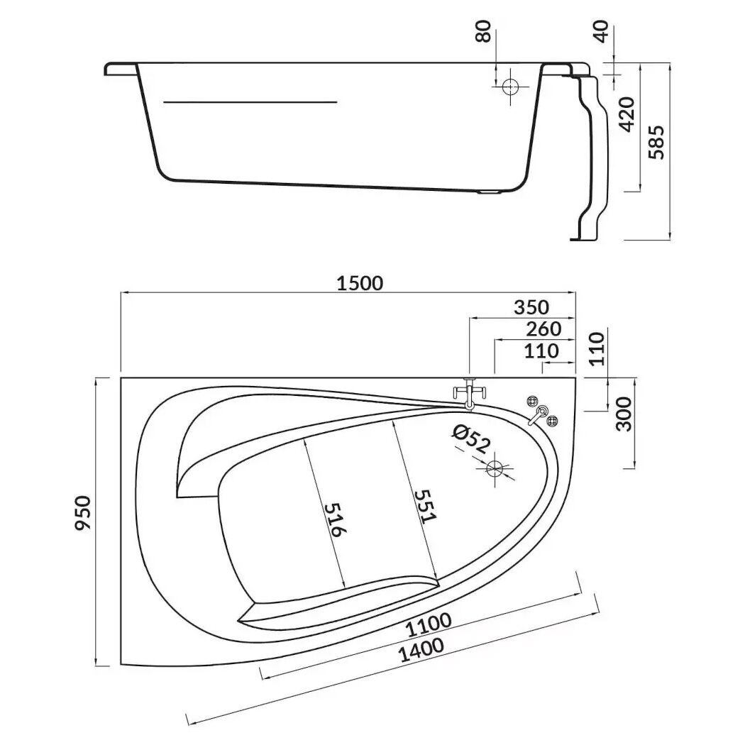 Langeckige Badewanne Stardust 150x95 rechts