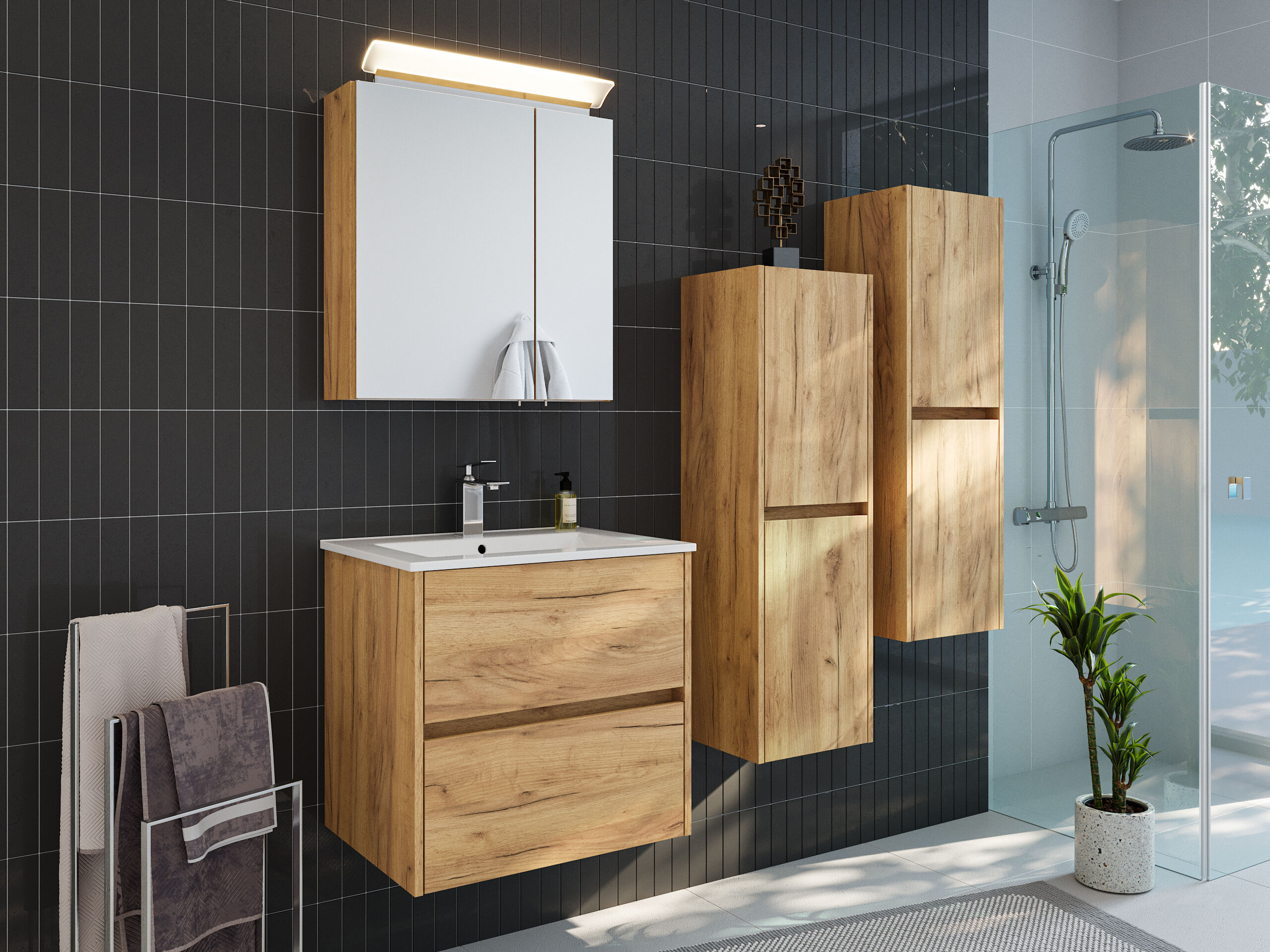 Badmöbelset Taifun 60cm 4tlg mit Spiegelschrank & 2x Seitenschrank eiche gold