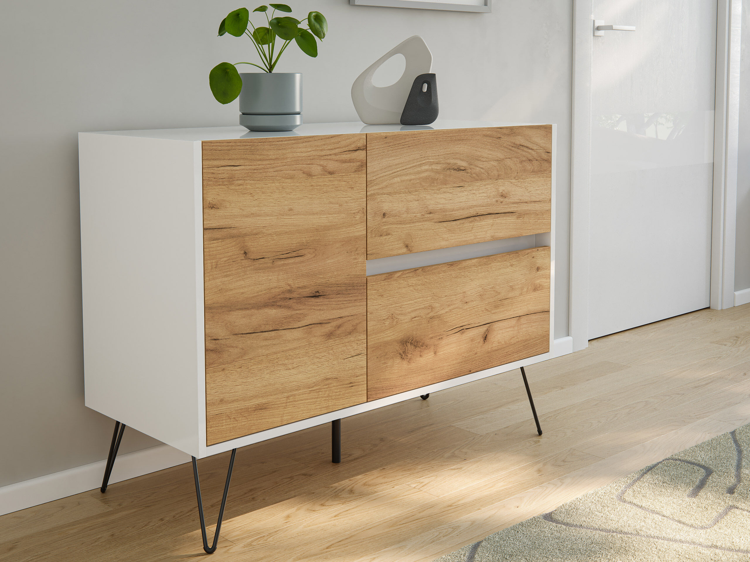 Sideboard Yako 100cm 2 SoftClose 1 Tür Weiß/Eiche Front