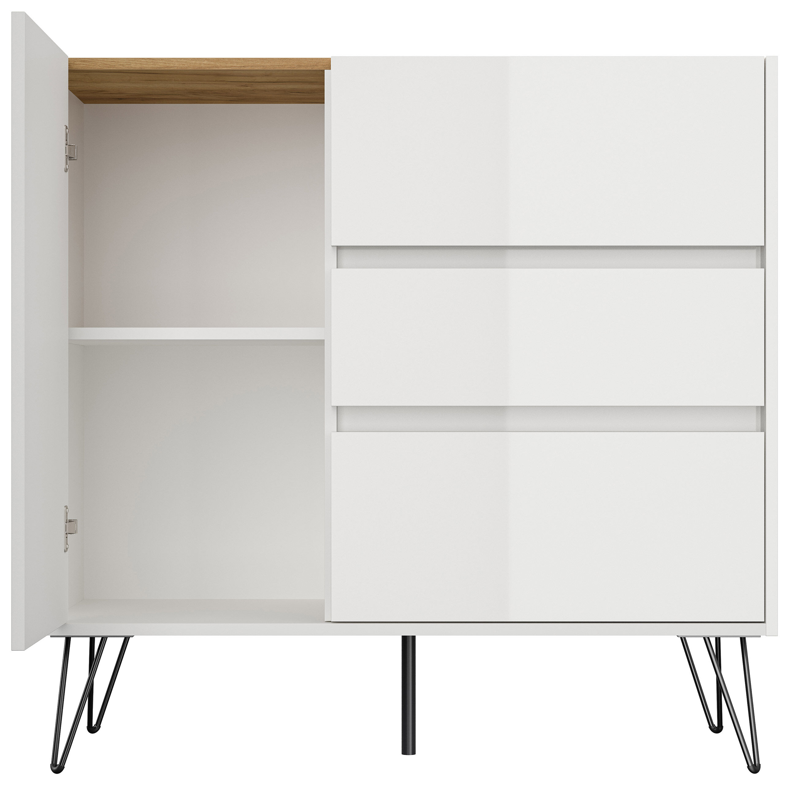 Design Sideboard Kommode Altan 100cm Greifraum 3 SoftClose 1 Tür Weiß/Eiche Top