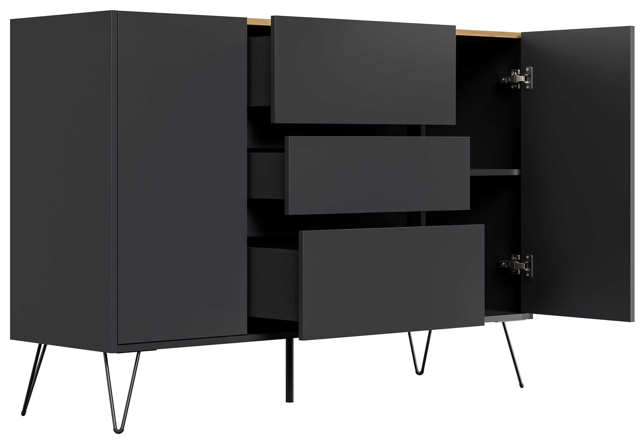 Sideboard Yako XL 140cm 3 SoftClose 2 Türen Grafit/Eiche Top