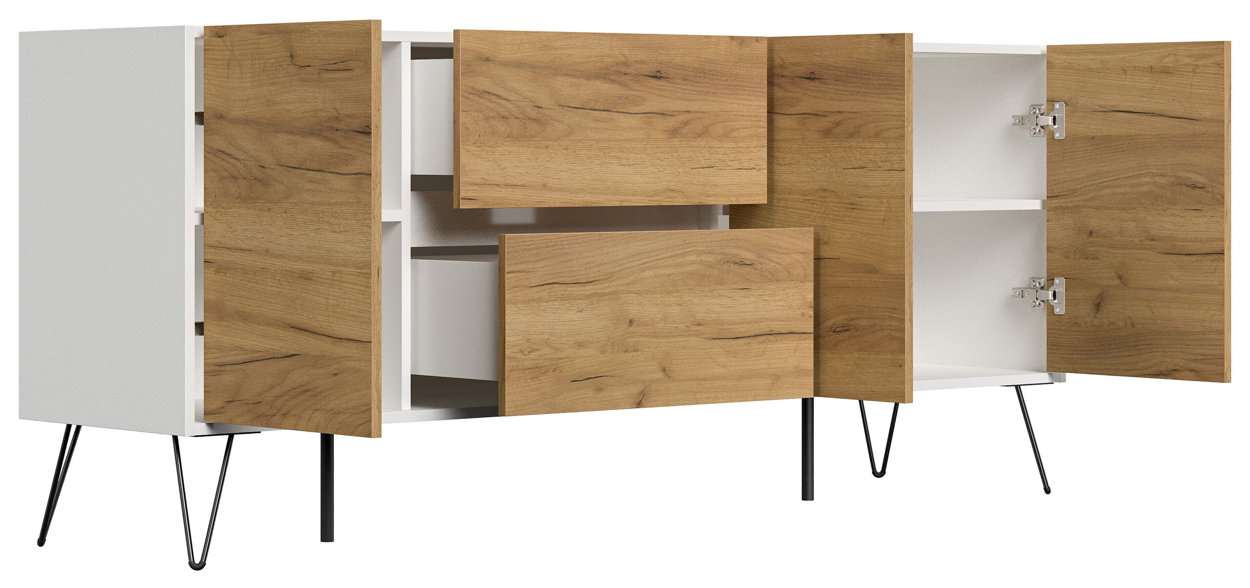Raumwunder XL Sideboard Kommode Pharo 180cm 2 SoftClose 3 Türen Weiß/Eiche Front