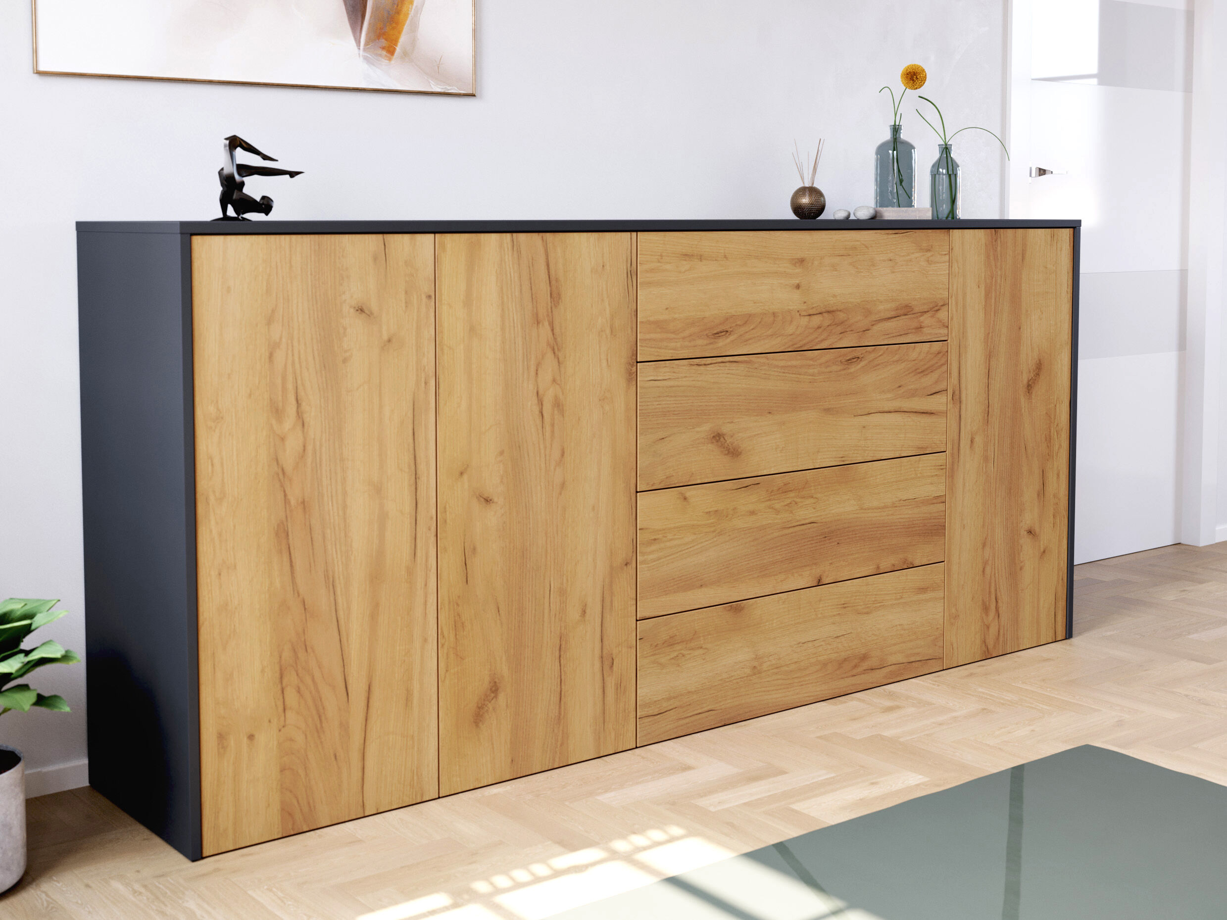 Sideboard Impulse 200cm 3 Türen 4 Pushauszüg Grafit Eiche | Grafit / Eiche Gold